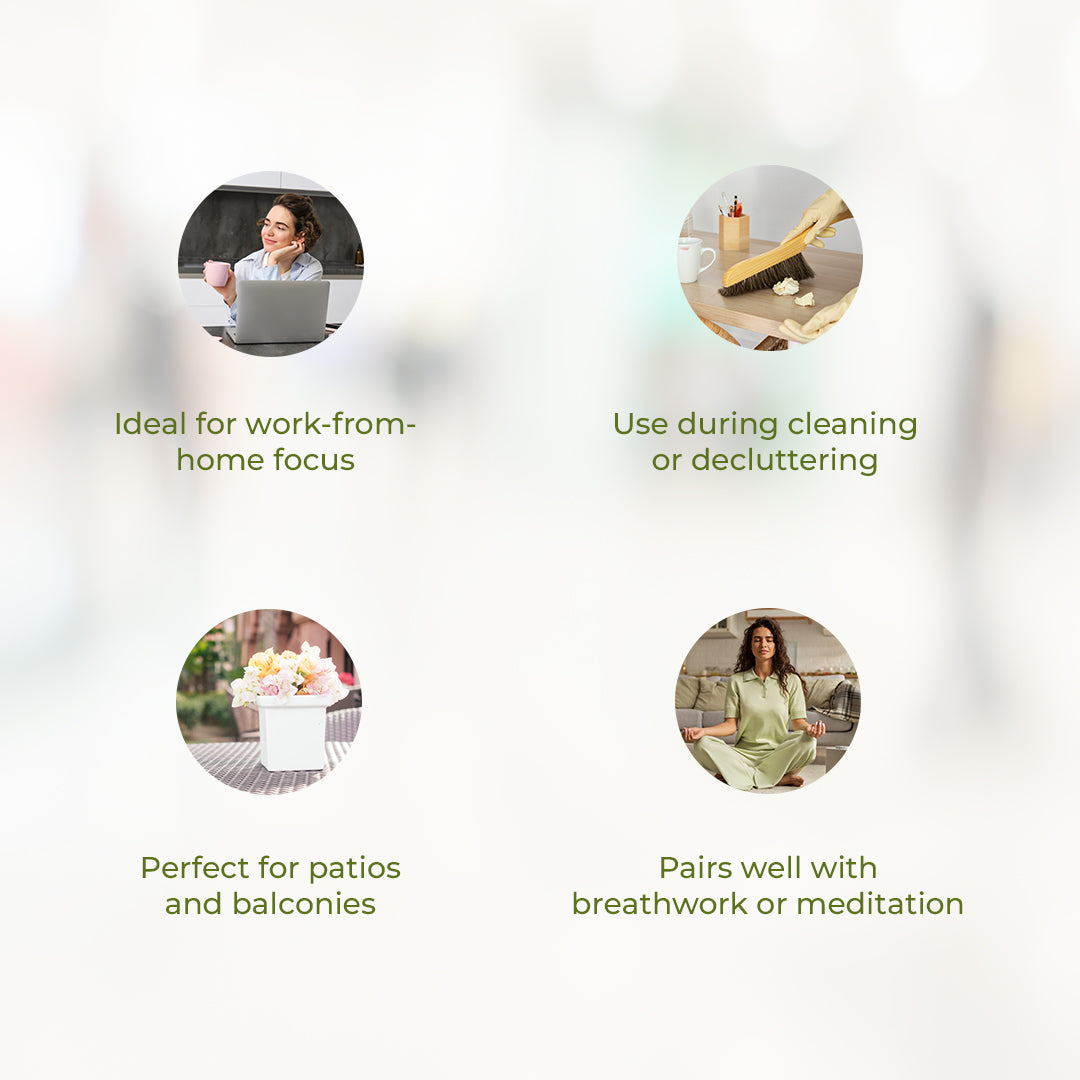 A light, airy background featuring four circular lifestyle images describe ideal usage of JiViSa Himalayan Lemongrass soy wax candle. Captions highlights: "Ideal for work-from-home focus," "Use during cleaning or decluttering," "Perfect for patios and balconies," and "Pairs well with breathwork or meditation."