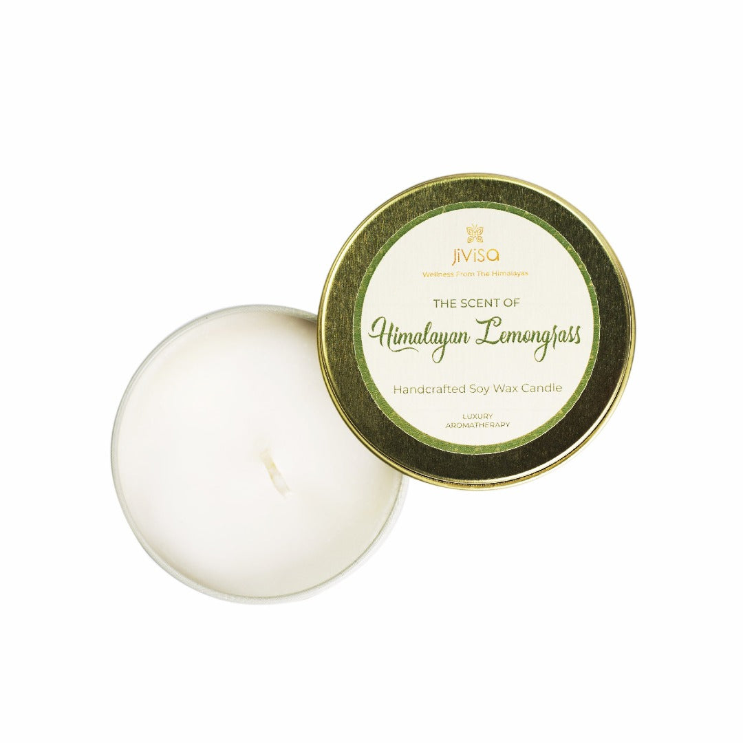 JiViSa Himalayan Lemongrass Handcrafted Soy Wax Candle with open lid showcasing white wax inside, labeled "The Scent of Himalayan Lemongrass Handcrafted Soy Wax Candle" – Luxury Aromatherapy from the Himalayas.
