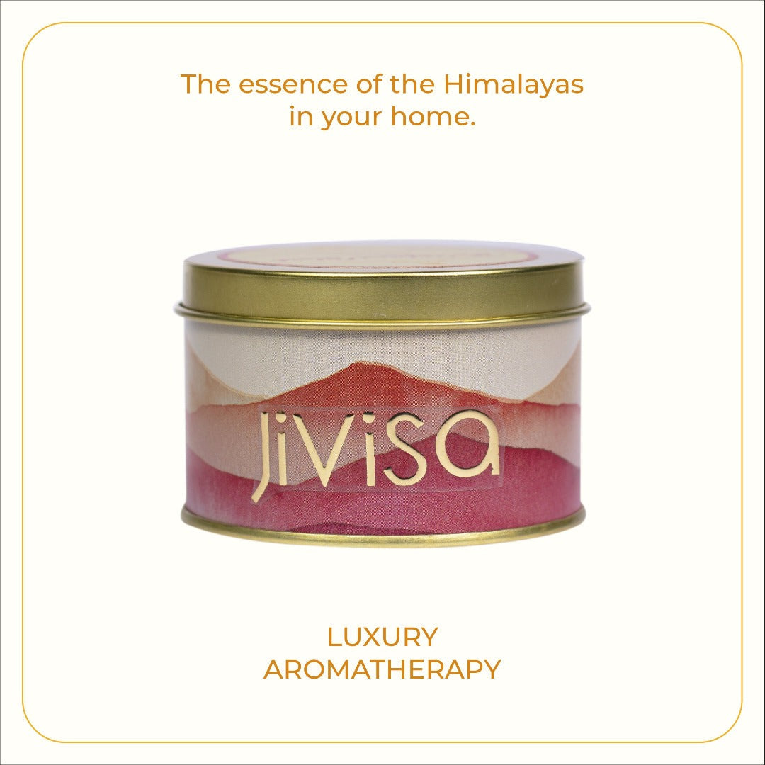 JiViSa Soft Himalayan Rose Soy Wax Candle Metal Jar with pink gradient design and gold lid, featuring the tagline "The essence of the Himalayas in your home – LUXURY AROMATHERAPY".