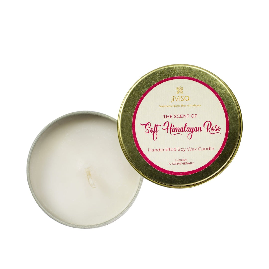 JiViSa Soft Himalayan Rose Handcrafted Soy Wax Candle with open lid showcasing white wax inside, labeled "The Scent of Soft Himalayan Rose Handcrafted Soy Wax Candle" – Luxury Aromatherapy from the Himalayas.