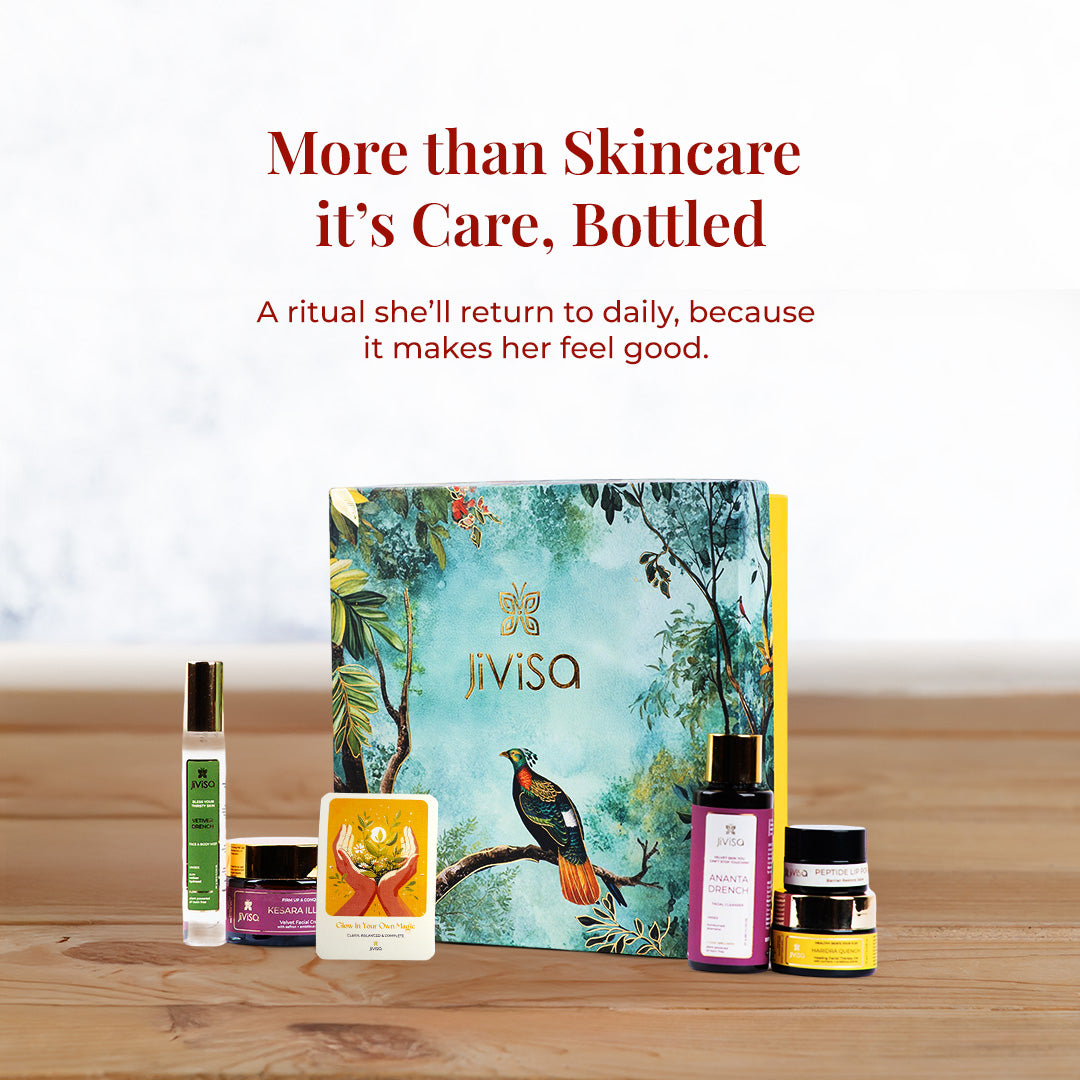 JiViSa Himalayan Glow Rituals For Her Gift Box displayed on a wooden surface with the headline “More than Skincare, it’s Care, Bottled.” Subheading: “A ritual she’ll return to daily, because it makes her feel good.” The gift box includes five JiViSa&