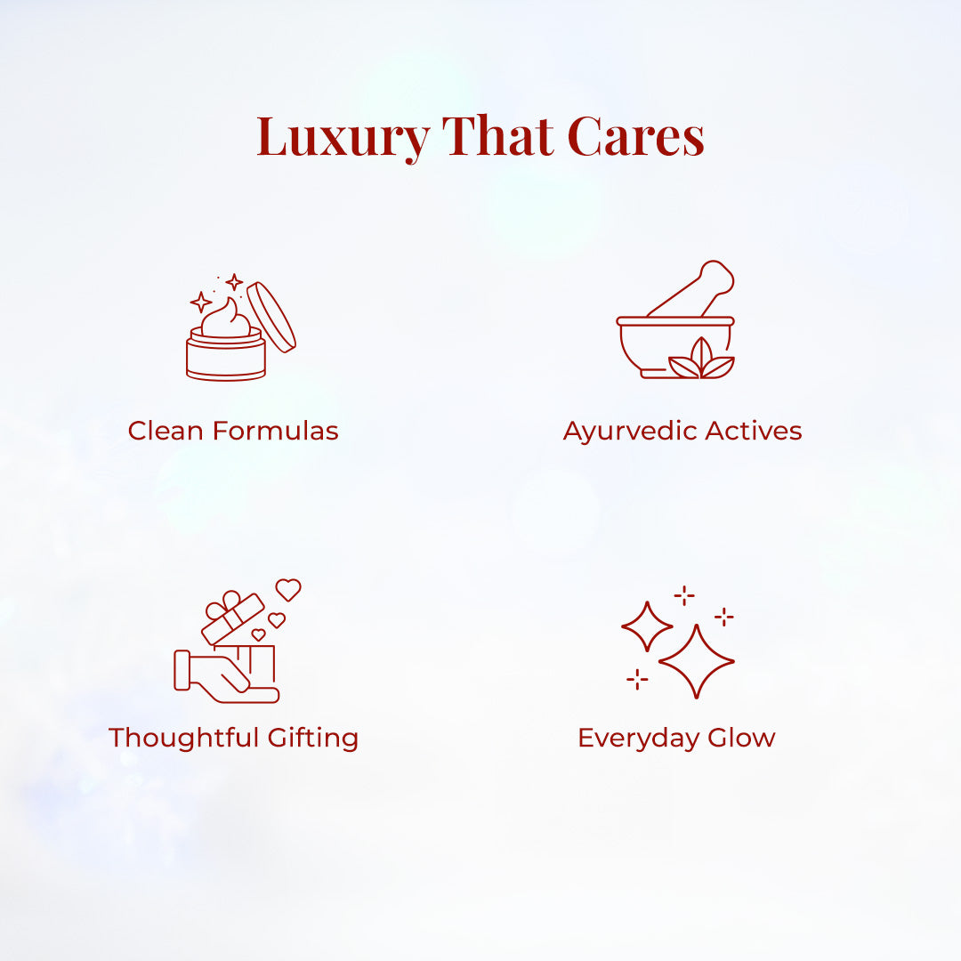 Minimal infographic titled “Luxury That Cares” with four red icons representing JiViSa’s Himalayan Glow Rituals For Her Gift Box philosophy: Clean Formulas (cream jar), Ayurvedic Actives (mortar and pestle), Thoughtful Gifting (gift box in hand), and Everyday Glow (sparkling stars).
