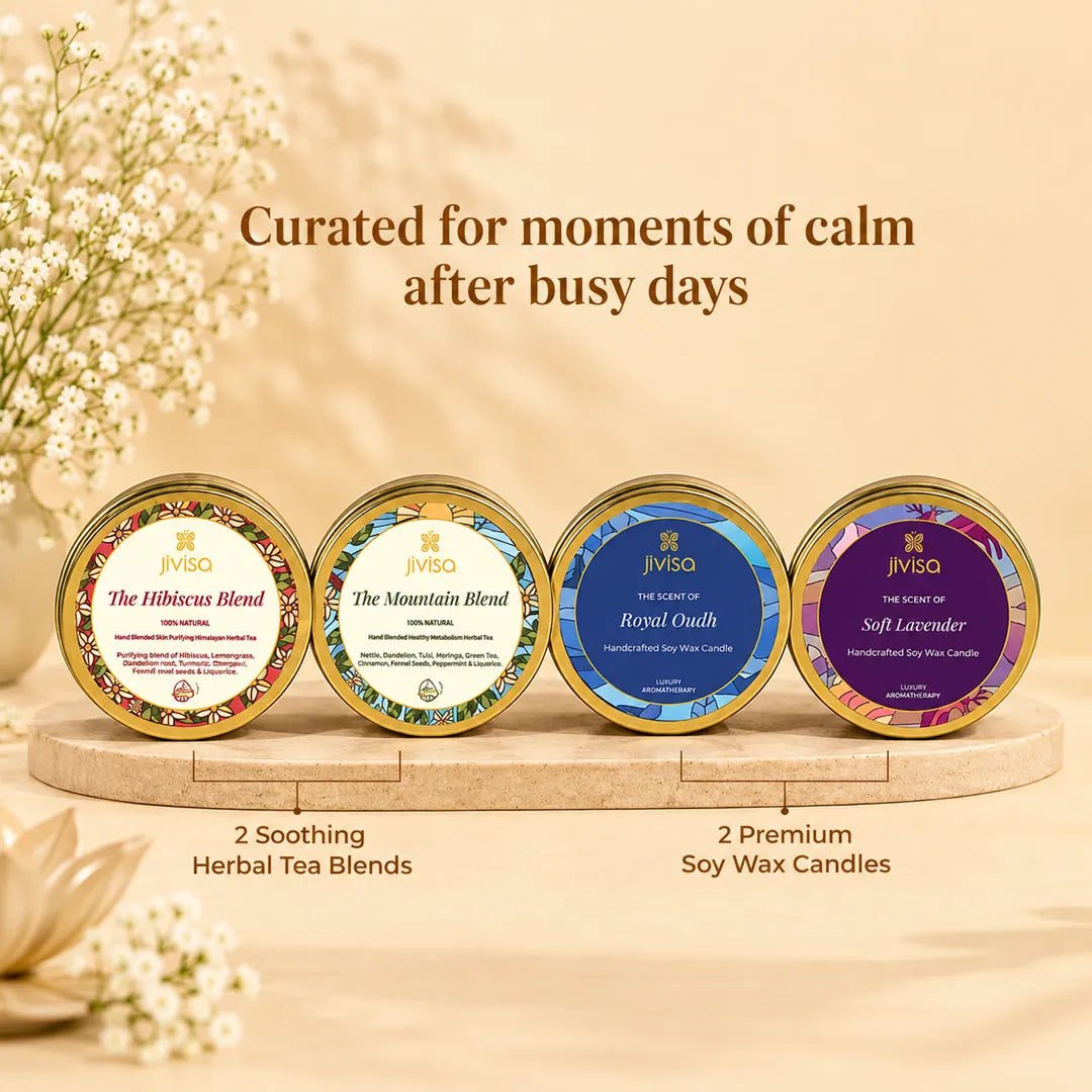 JiViSa Himalayan Herbal Tea Candle Gift Box featuring two soothing herbal tea blends and two premium soy wax candles.