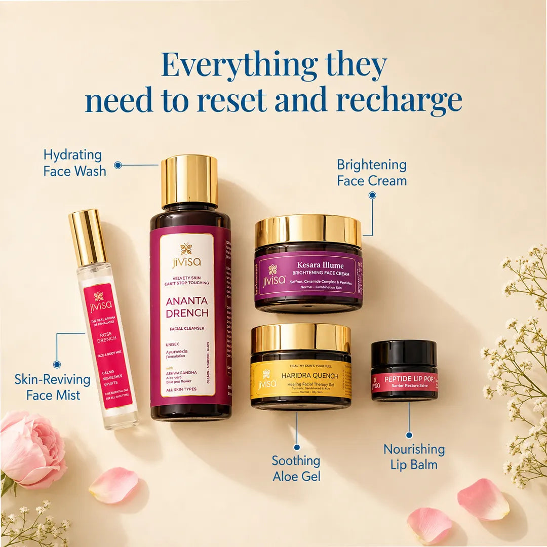 JiViSa Himalayan Self-Care Rituals Gift Box consist everything one need to reset and recharge - a hydrating face wash, brightening face cream, skin reviving face mist, soothing aloe gel and nourishing lip balm.