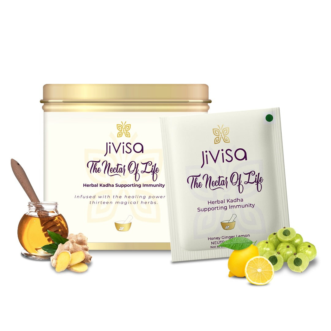 JiViSa The Nectar of Life tin and sachet packaging with honey ginger lemon ingredients