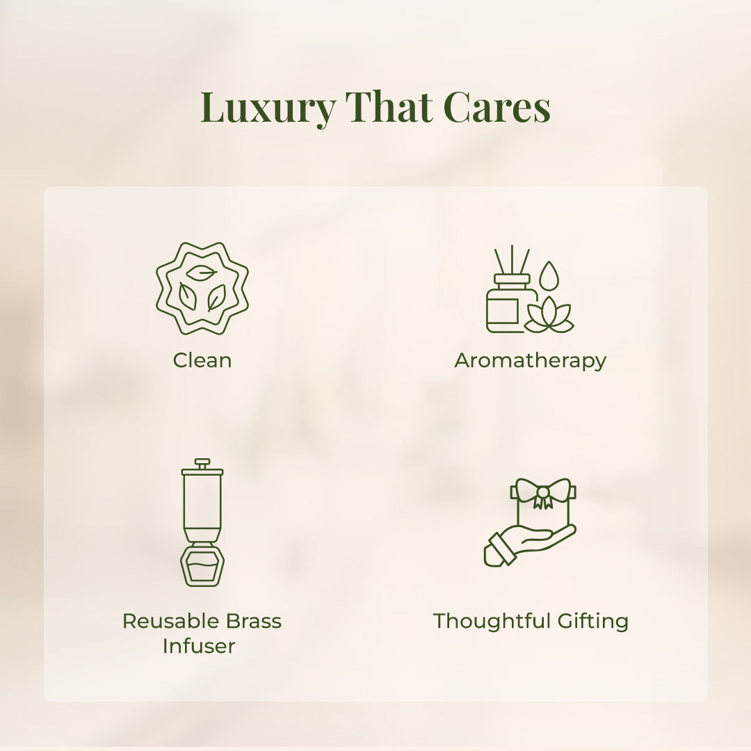 Minimal infographic titled “Luxury That Cares” with four green icons representing JiViSa’s values: Clean (leaf icon), Aromatherapy (candle and leaves), Reusable Brass Infuser (illustrated infuser), and Thoughtful Gifting (gift in hand).