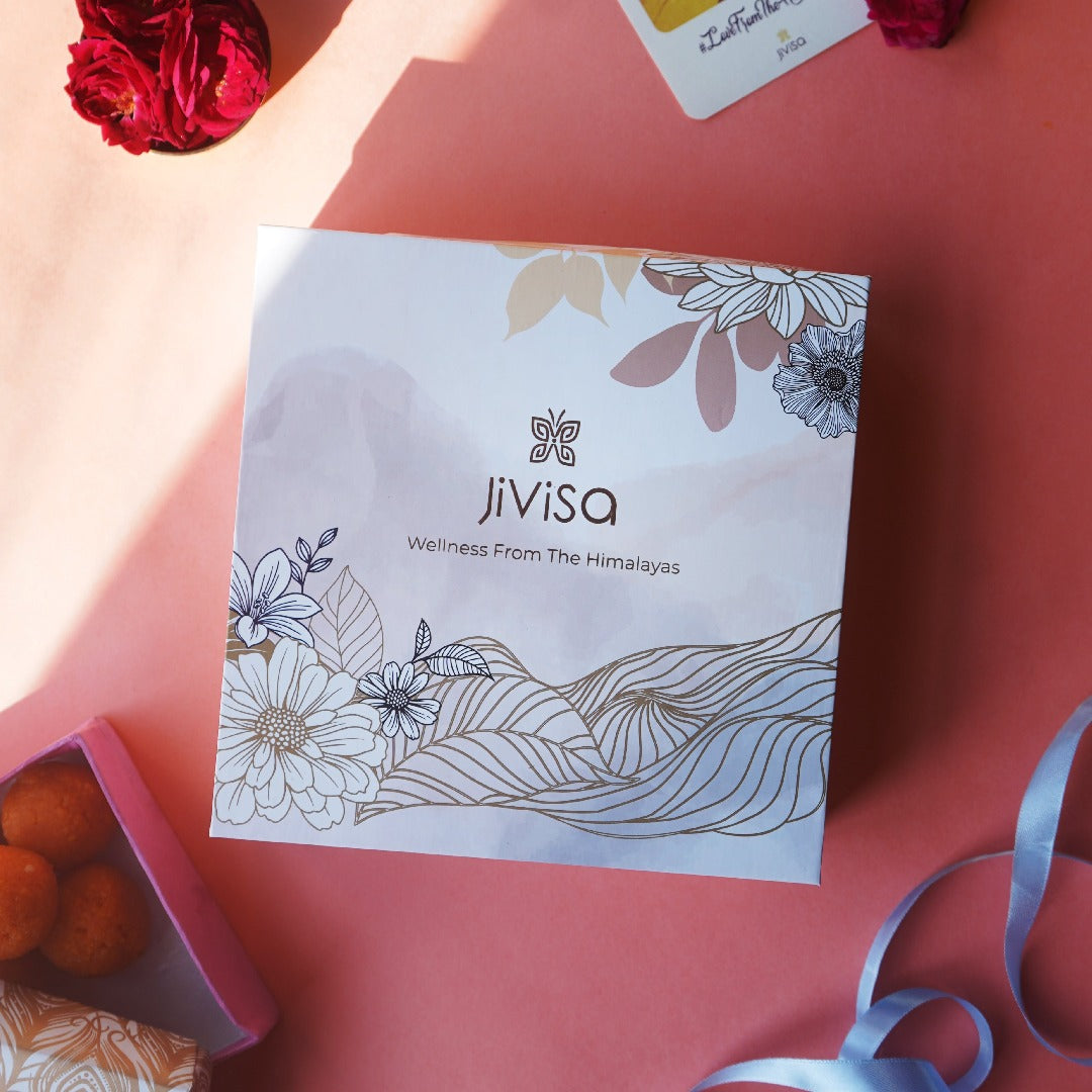 JiViSa Luxury Soy Wax Candle Gift Box with floral packaging, perfect for wellness gifting and festive celebrations.