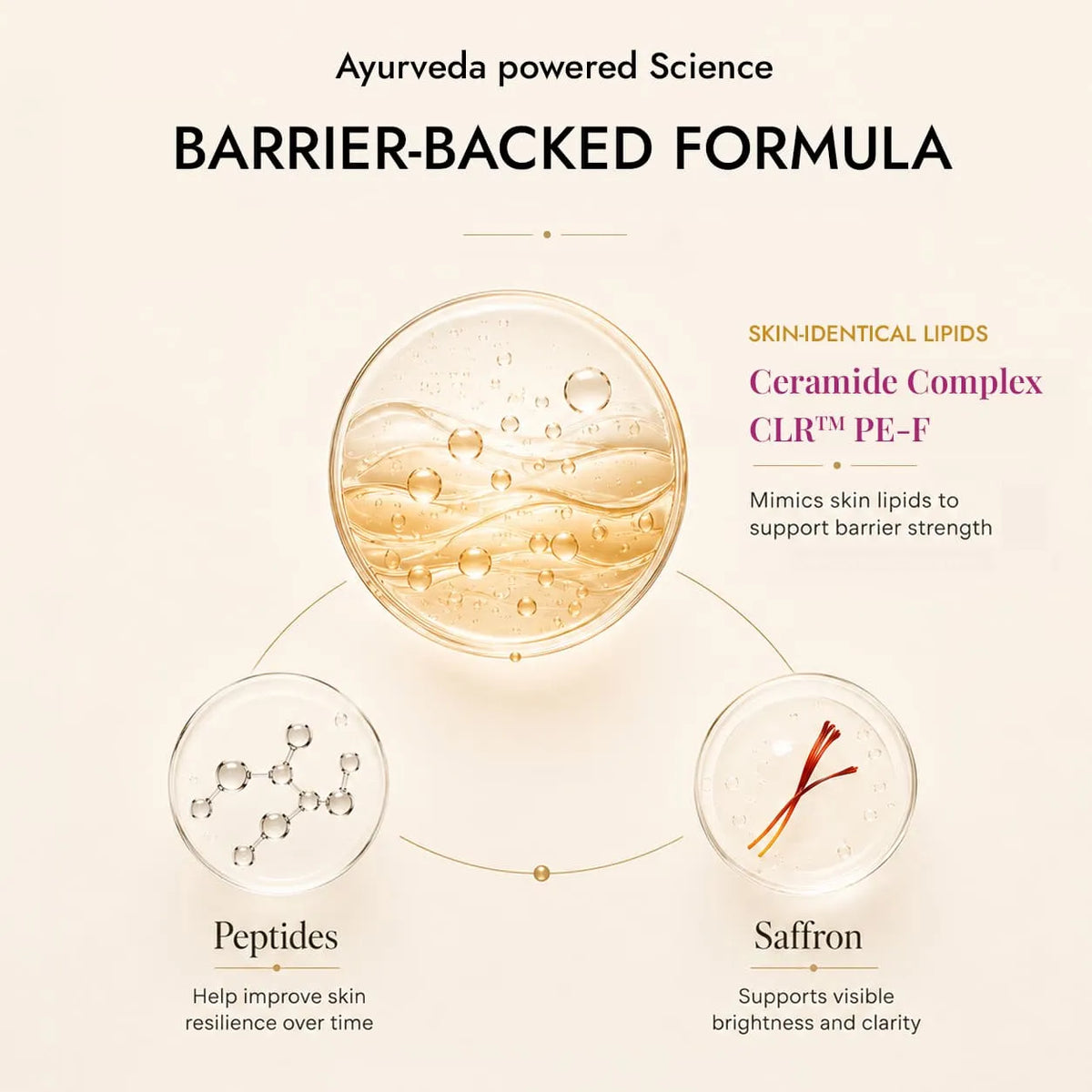 Kesara Illume barrier-backed formula with Ceramide Complex CLR PE-F, Peptides and Saffron for skin brightening.