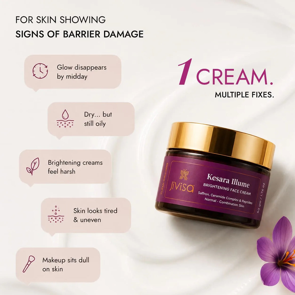 Kesara Illume brightening face cream for skin barrier damage – fixes dullness, dryness, uneven tone in one cream.