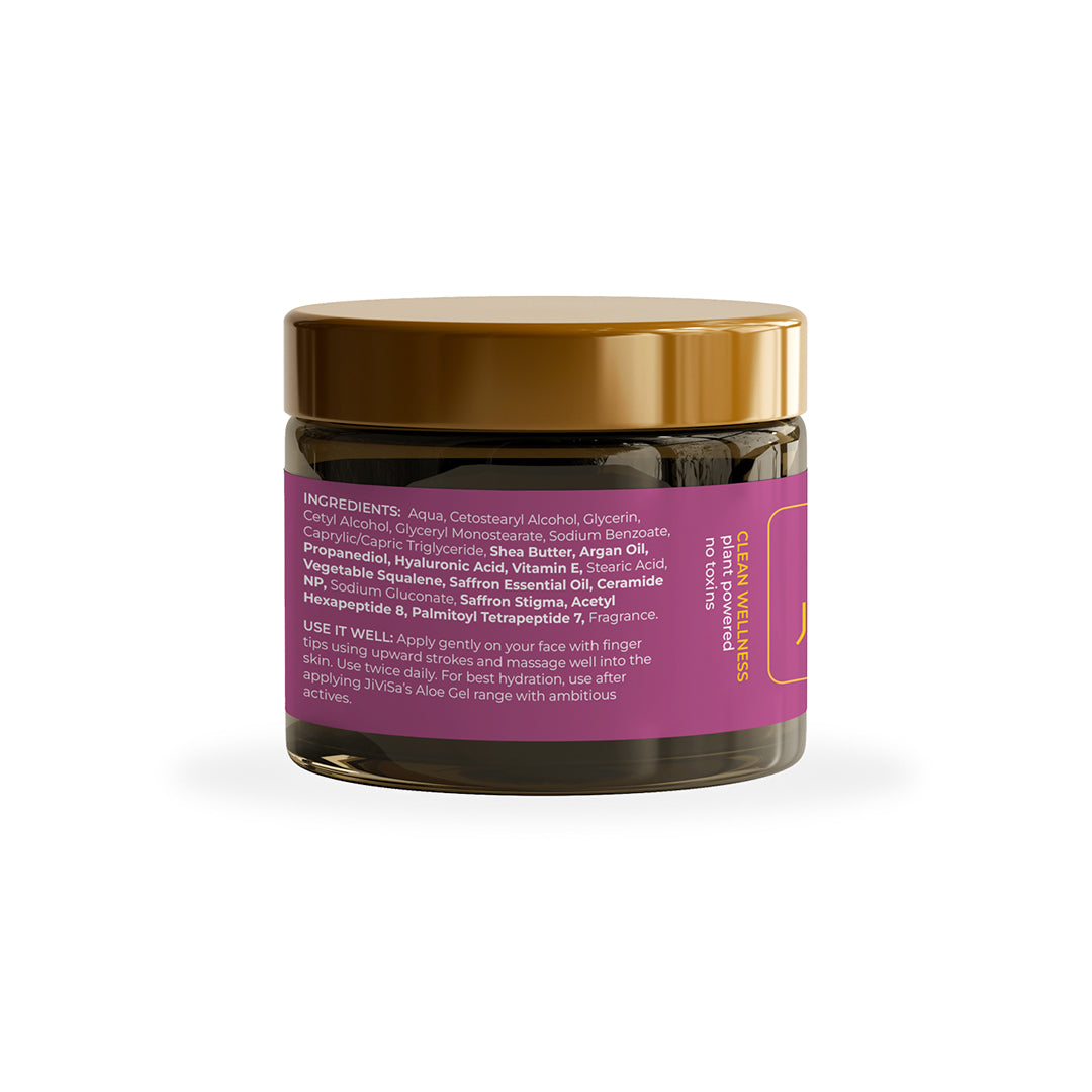 JiViSa Kesara Illume Firming Facial Cream back image of 10gm amber jar showcasing its ingredients and instruction of how to use it well.