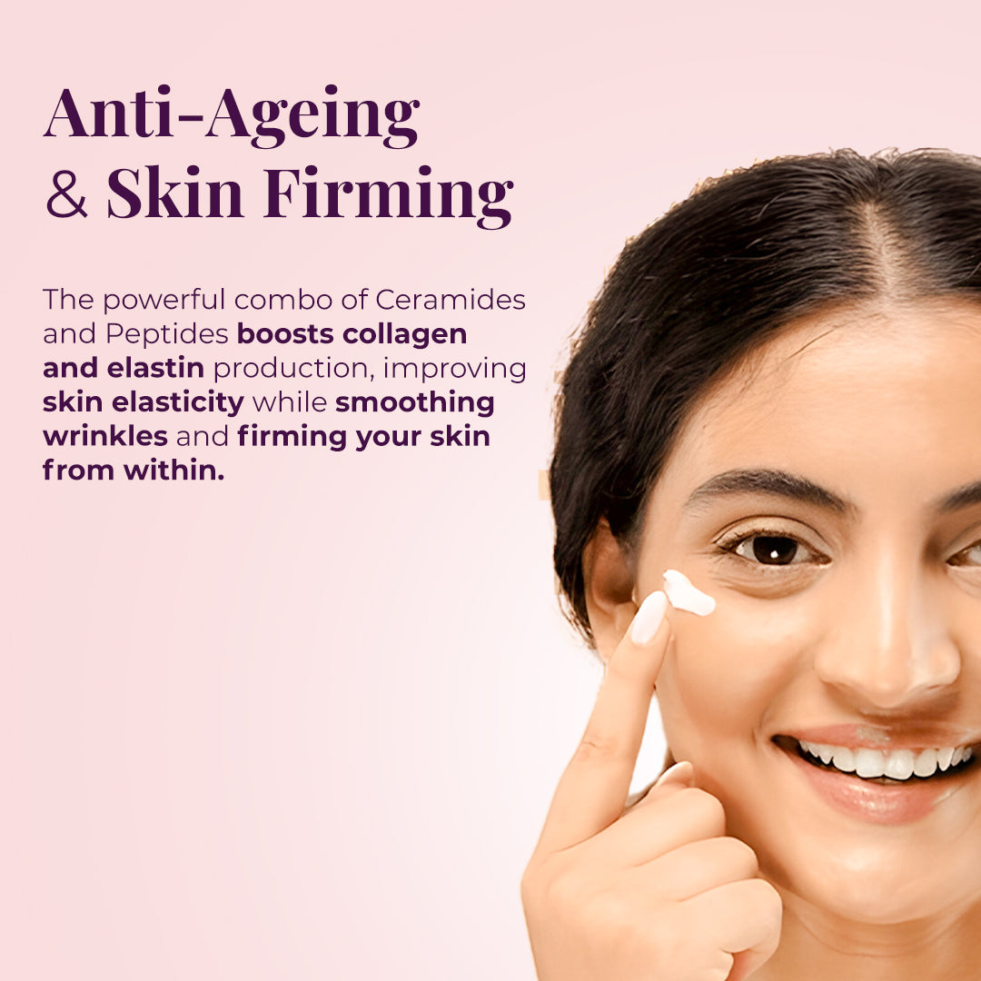 Smiling woman happily applying JiViSa Kesara Illume facial cream under her right eye with her fingertip. Text on the image reads: Anti-Ageing & Skin Firming. The powerful combo of Ceramides and Peptides boosts collagen and elastin production, improving skin elasticity while smoothing wrinkles and firming your skin from within.