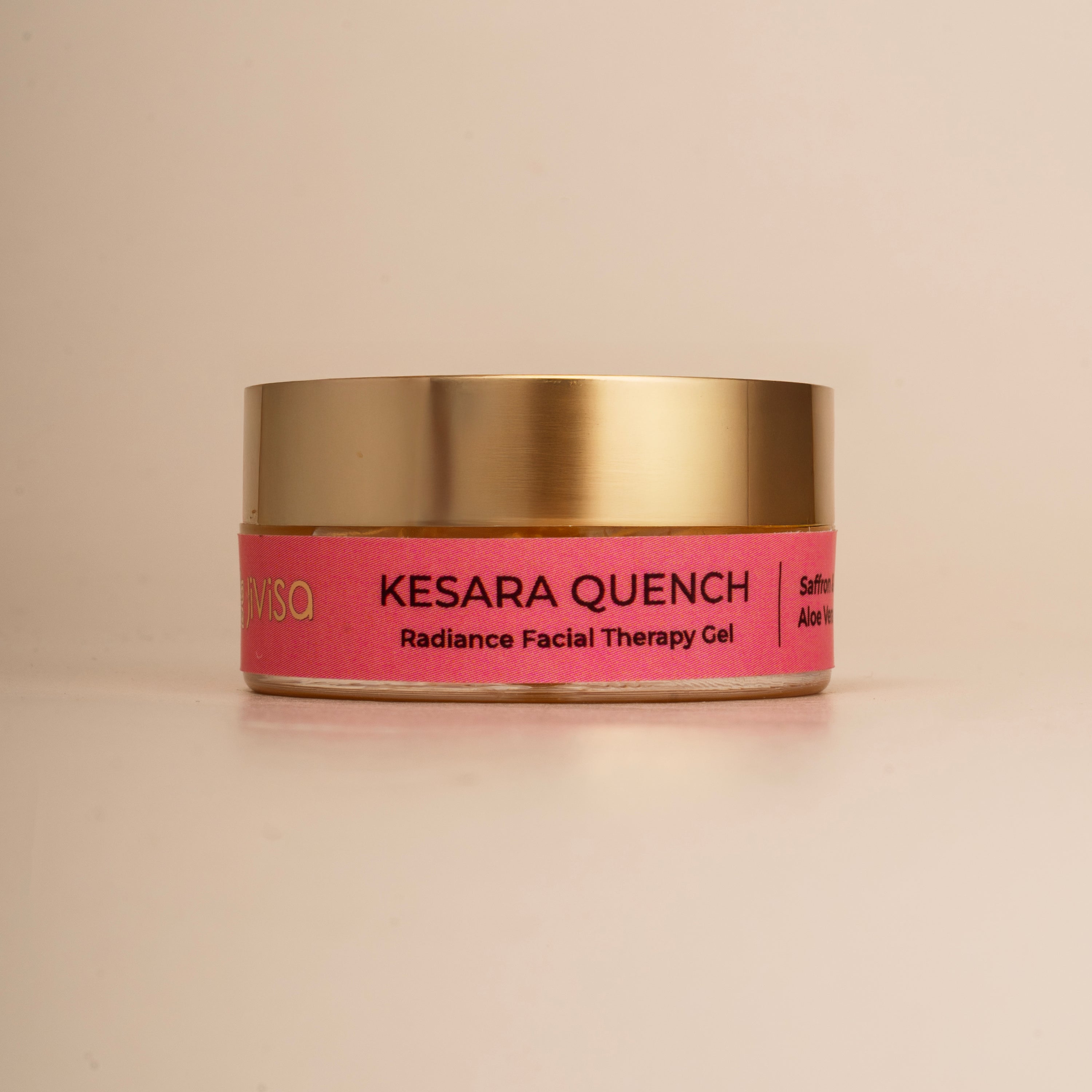 JiViSa Kesara Quench radiance facial therapy gel 8gm jar on neutral background.