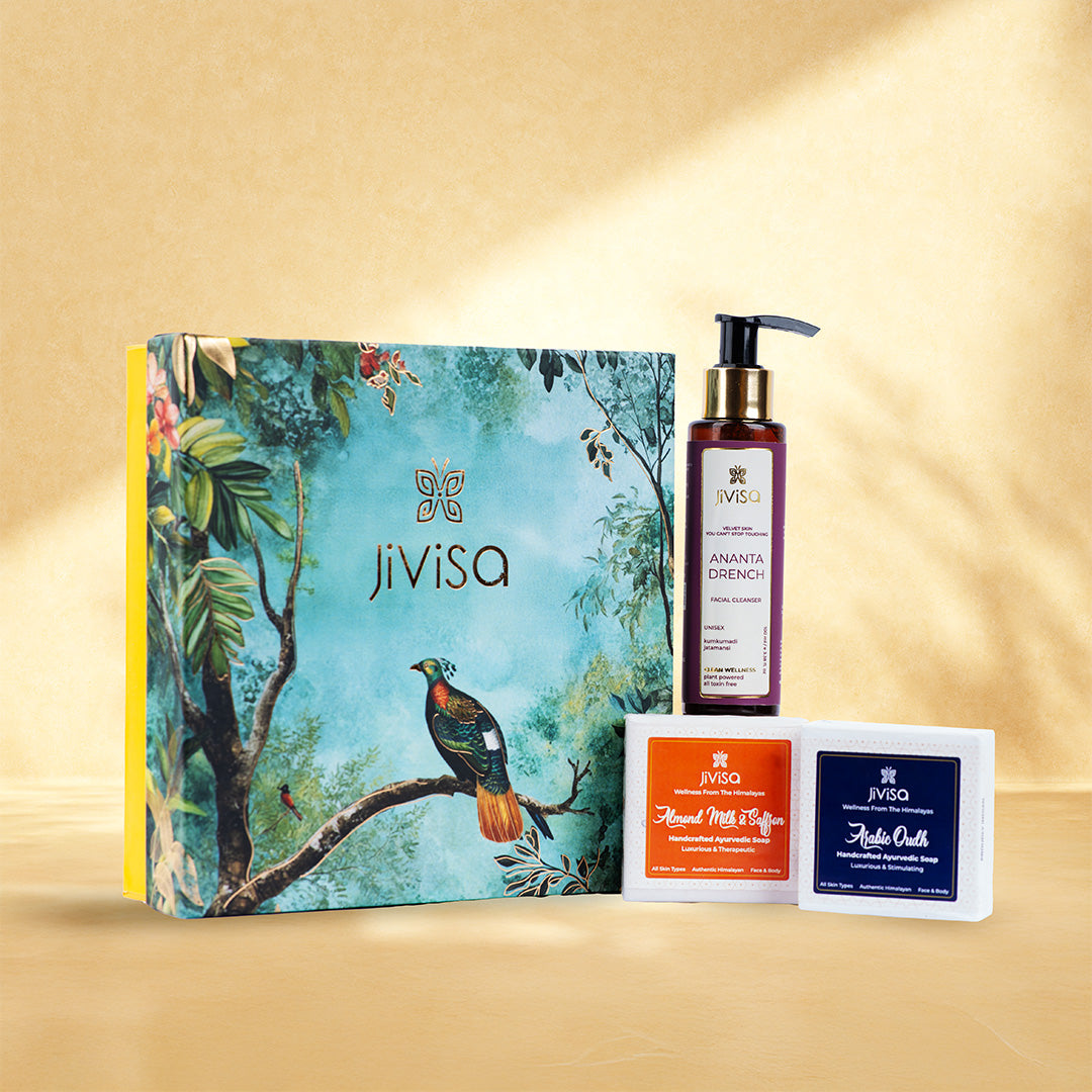 JiViSa-Wakeup Ritual Gift Box is beautifully packaged in a nature inspired box adorned with vibrant artwork, this box includes JiViSa Ananta Drench Facial Cleanser, known for its gentle yet effective cleansing properties, and JiViSa two luxurious handcrafted soaps — Almond Milk & Saffron for deep nourishment and Arabic Oudh for a rich, aromatic bathing experience.
