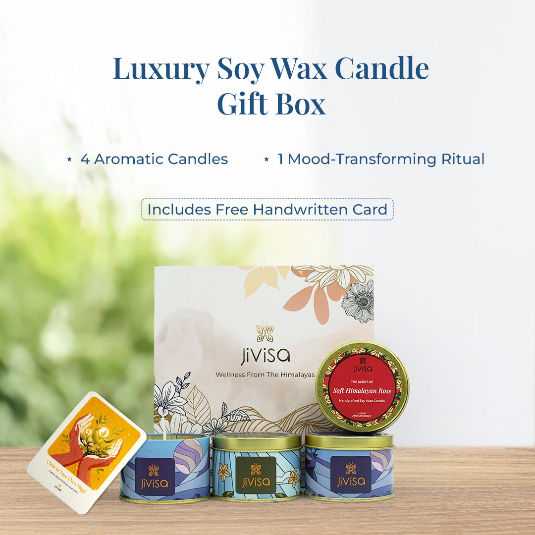 JiViSa Luxury Soy Wax Candle Gift Box featuring four aromatic candles in decorative tins, displayed alongside a floral box and a free handwritten card. Tagline reads: “Luxury Soy Wax Candle Gift Box.” Subtext: “4 Aromatic Candles • 1 Mood-Transforming Ritual.” Highlighted text: “Includes Free Handwritten Card.”