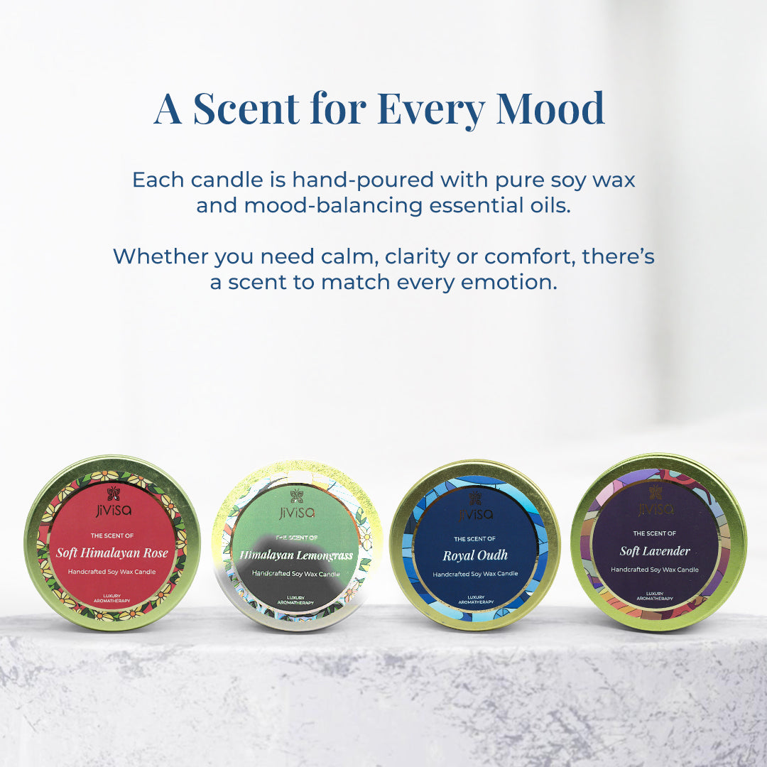Four JiViSa handcrafted soy wax candles displayed in a row: Soft Himalayan Rose, Himalayan Lemongrass, Royal Oudh, and Soft Lavender. Header reads: “A Scent for Every Mood.” Description: “Each candle is hand-poured with pure soy wax and mood-balancing essential oils. Whether you need calm, clarity or comfort, there&