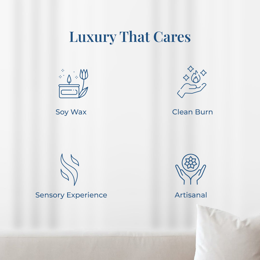 Minimal infographic titled “Luxury That Cares” showcasing four icons representing the product benefits: Soy Wax (candle icon), Clean Burn (hand with sparkles), Sensory Experience (scent waves), and Artisanal (handcrafted flower).