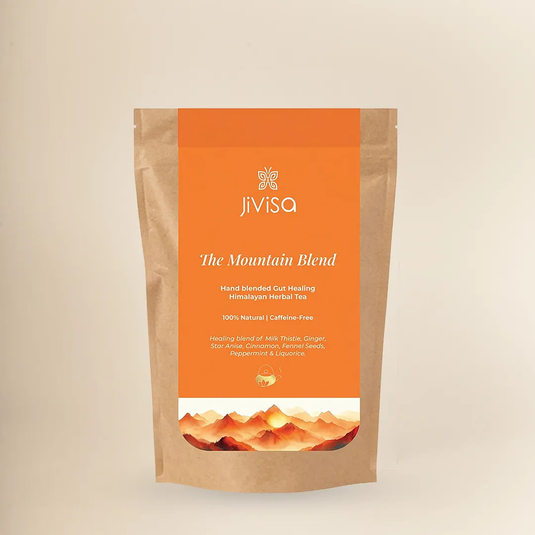 JiViSa Mountain Blend 50gm pouch, a hand-blended gut healing Himalayan herbal tea, 100% natural and caffeine-free