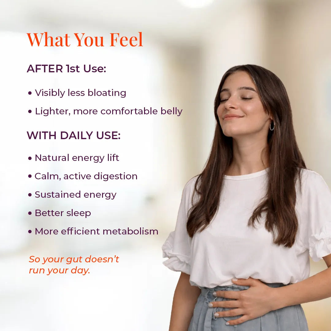 Benefits of Mountain Blend digestive tea – less bloating after first cup, better digestion and energy with daily use