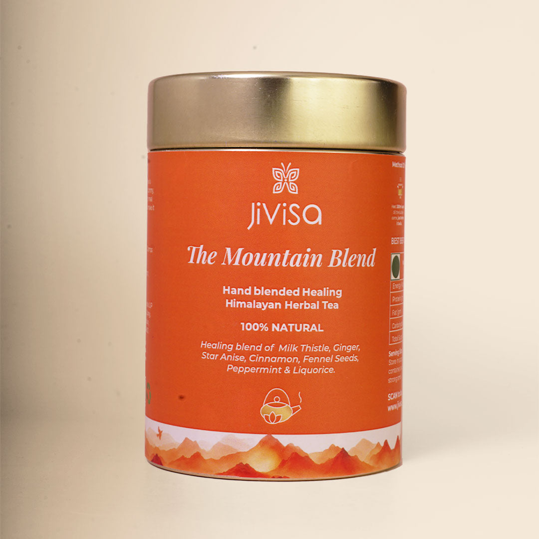 JiViSa The Mountain Blend tin — Hand Blended Healing Himalayan Herbal Tea. 100% natural blend of Milk Thistle, Ginger, Star Anise, Cinnamon, Fennel Seeds, Peppermint, and Liquorice. Helps detoxify, soothe digestion, and rejuvenate energy levels for daily wellness.