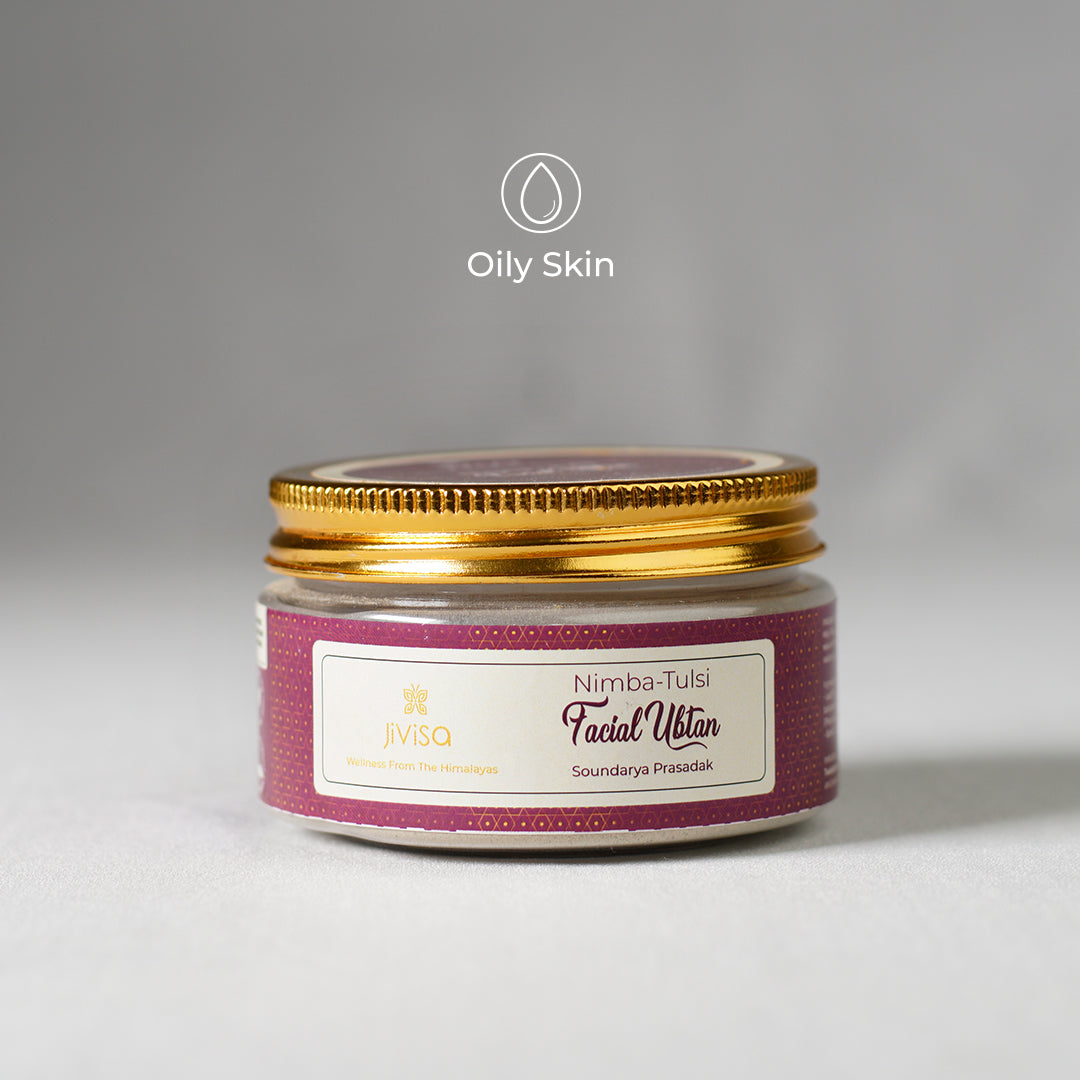 JiViSa Nimba-Tulsi Facial Ubtan Mask jar with icon indicating oily skin.