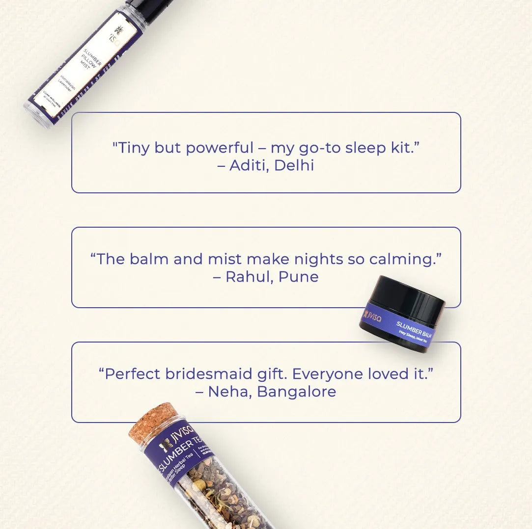 Customer reviews for Raina Sleep Ritual Kit praising the Slumber Pillow Mist, Slumber Balm, and Slumber Tea from customers in Delhi, Pune, and Bangalore