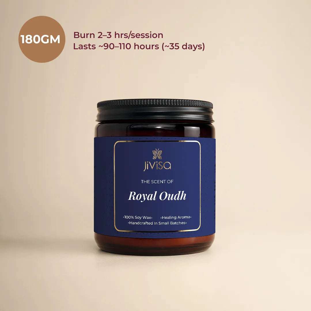 JiViSa Royal Oudh scented soy wax candle 180gm - burn 2-3 Hrs per session, Lasts 90-110 hours.