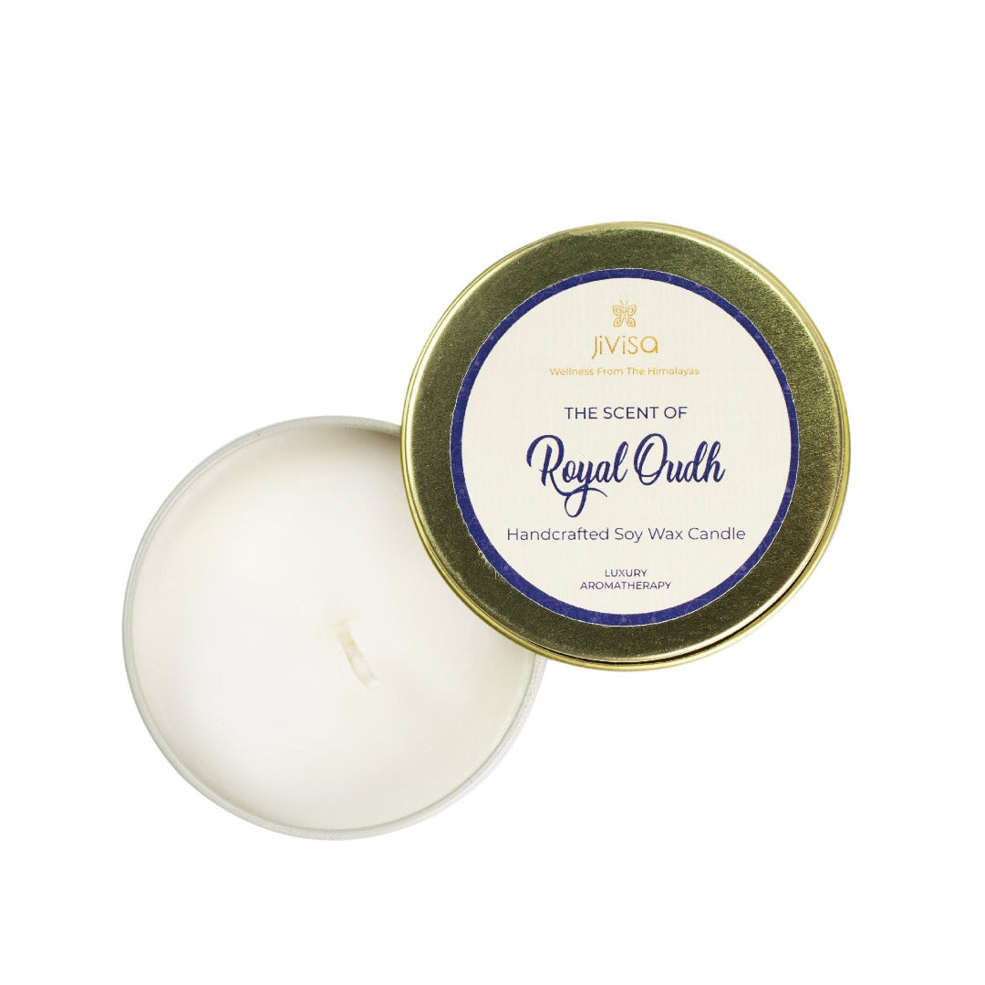 JiViSa Royal Oudh Handcrafted Soy Wax Candle with open lid showcasing white wax inside, labeled "The Scent of Royal Oudh Handcrafted Soy Wax Candle" – Luxury Aromatherapy from the Himalayas.