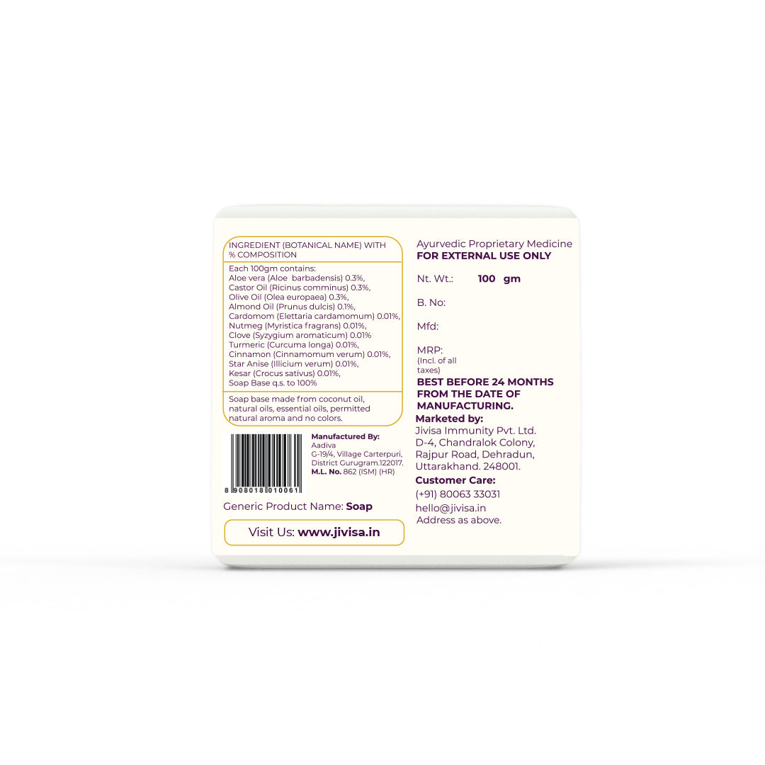 Back view of JiViSa Seven Spice Ayurvedic Handmade Soap packaging showing ingredient list, manufacturing details, and contact information. The ingredients include Aloe Vera, Castor Oil, Olive Oil, Almond Oil, Cardamom, Nutmeg, Clove, Turmeric, Cinnamon, Star Anise, Kesar, and a 100% soap base. Text highlights its natural composition, usage guidelines, weight (100gm), and brand contact information.
