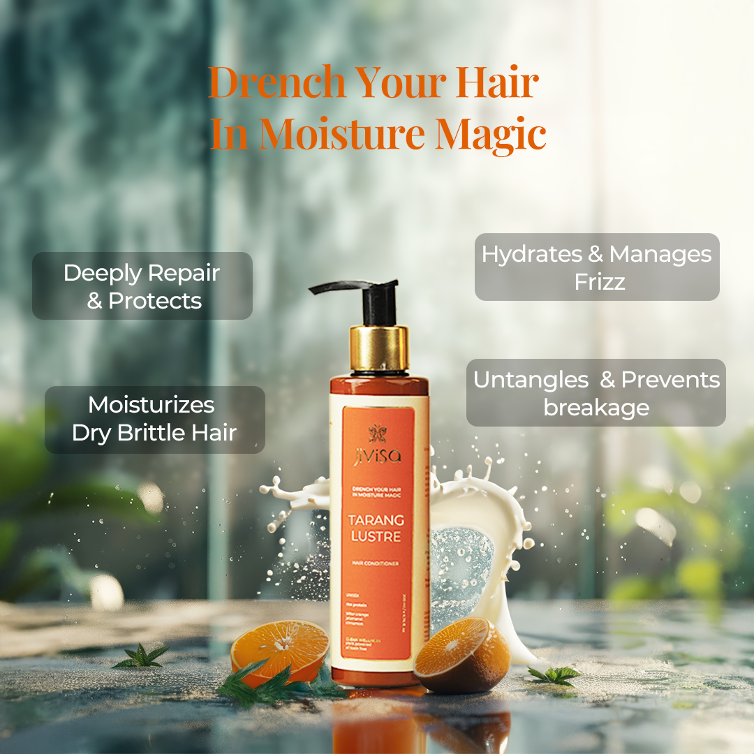 Image displays the JiViSa Tarang Lustre Hair Conditioner bottle surrounding by elements of oranges and mint ingredients with milk splash emphasizes moisture and nourishment. Tagline reads: "Drench Your Hair in Moisture Magic". The text on the image points out the product&