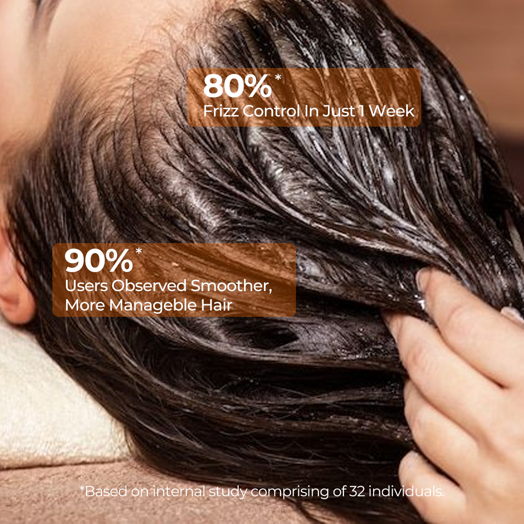 Close-up of hair with conditioner being applied by hand, showing results from a user study. Text: 80% Frizz Control in Just 1 Week, 90% Users Observed Smoother, More Manageable Hair. Disclaimer: Based on internal study comprising of 32 individuals.