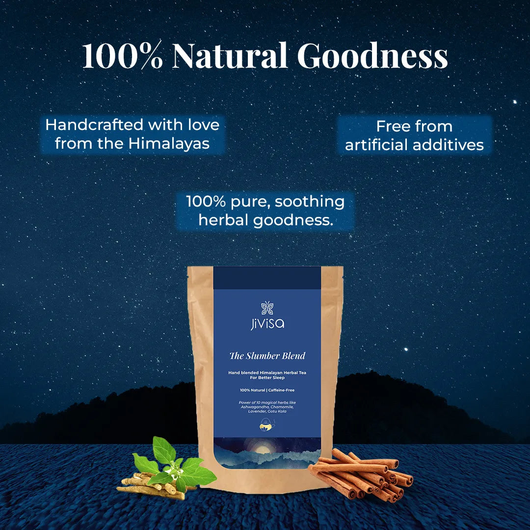 The Slumber Blend herbal sleep tea pouch under a starry night sky, a handcrafted in the Himalayas with no artificial additives