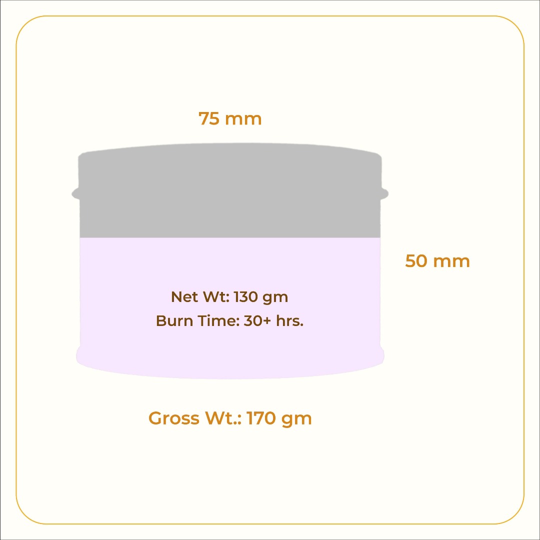 Illustration of JiViSa Soft Lavender Soy Wax Candle container showing dimensions 75mm width and 50mm height with text stating net weight 130 grams, burn time over 30+ hours and gross weight 170 grams.