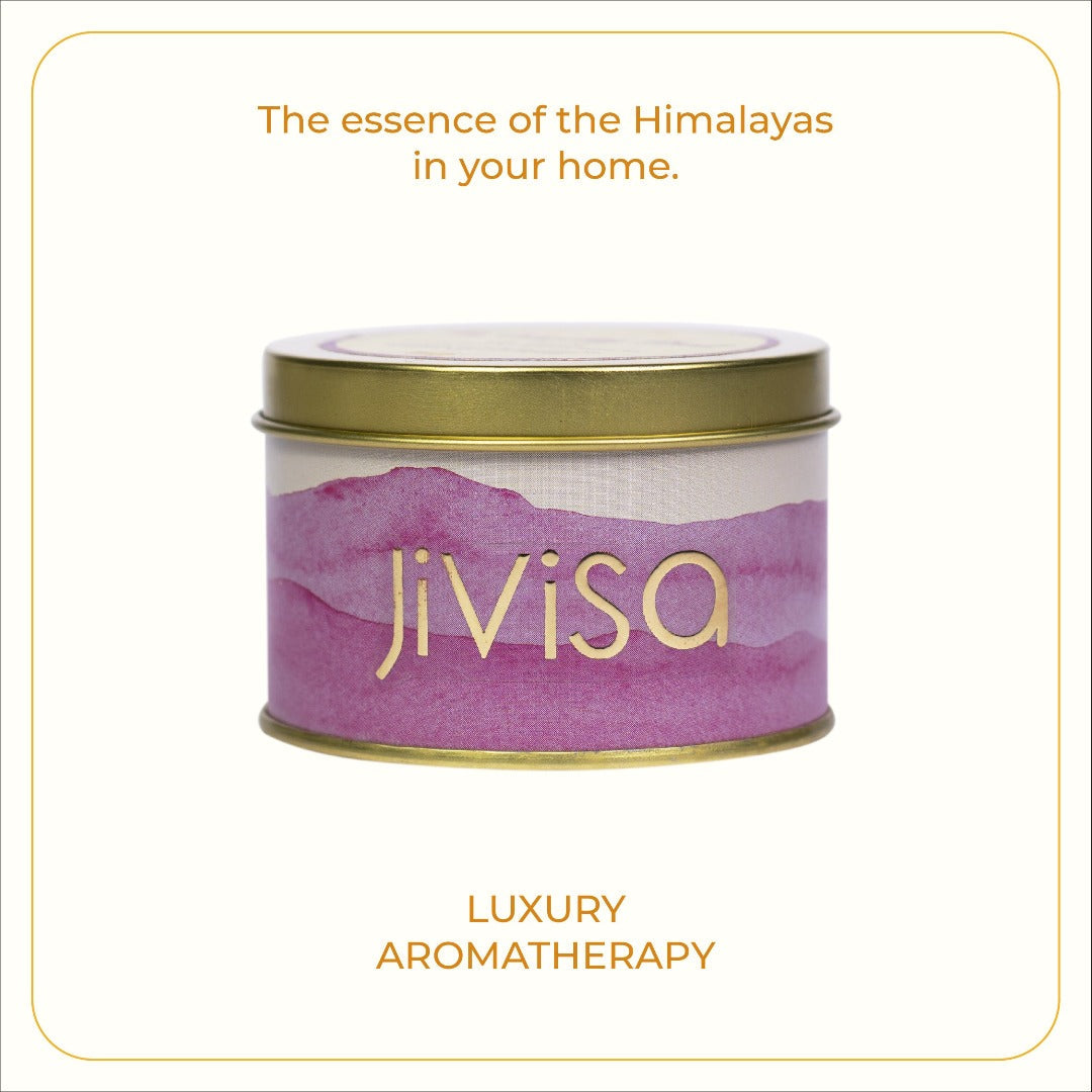 JiViSa Soft Lavender Metal Jar Candle with purple gradient design and gold lid, featuring the tagline "The essence of the Himalayas in your home – LUXURY AROMATHERAPY".