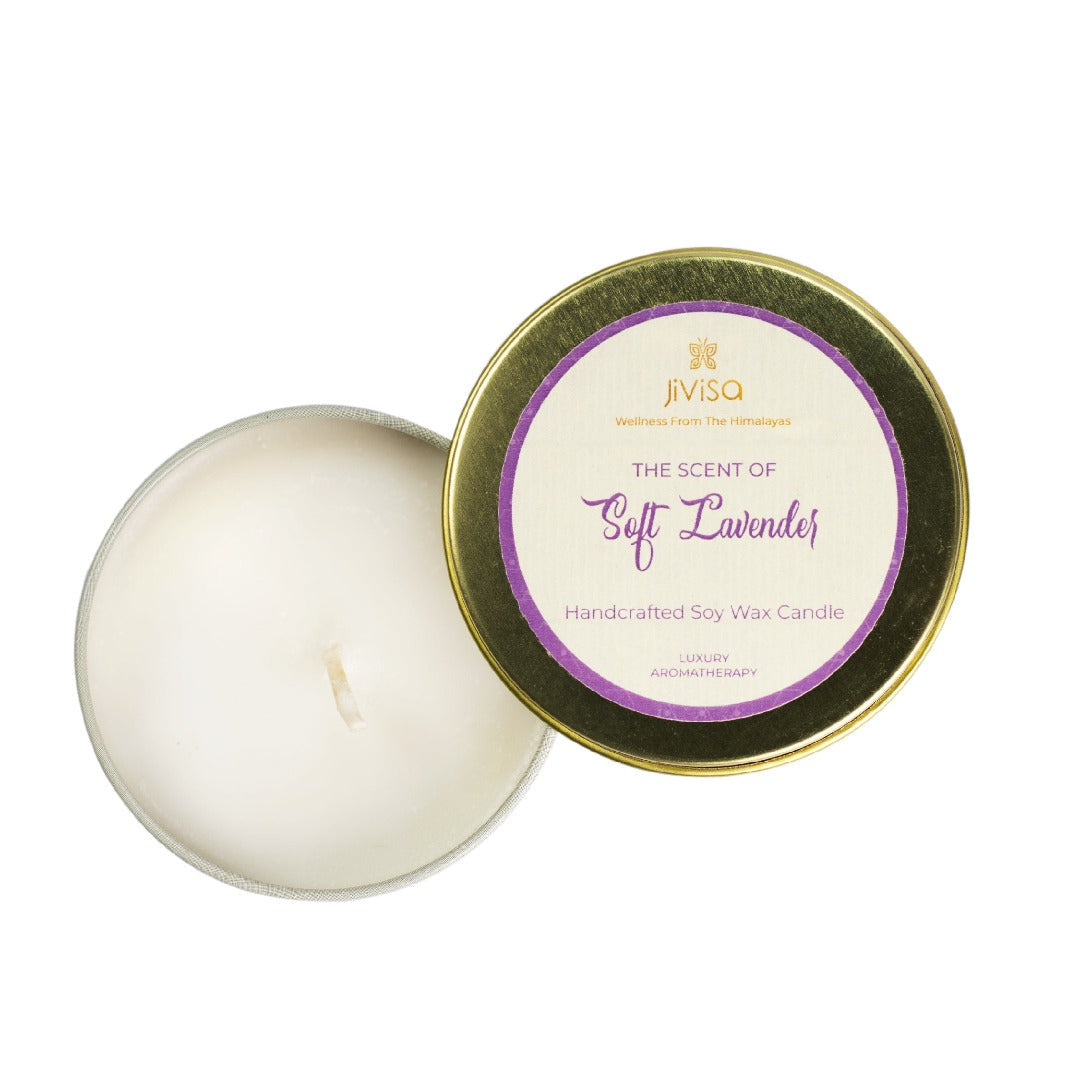 JiViSa Soft Lavender Handcrafted Soy Wax Candle with open lid showcasing white wax inside, labeled "The Scent of Soft Lavender Handcrafted Soy Wax Candle" – Luxury Aromatherapy from the Himalayas.
