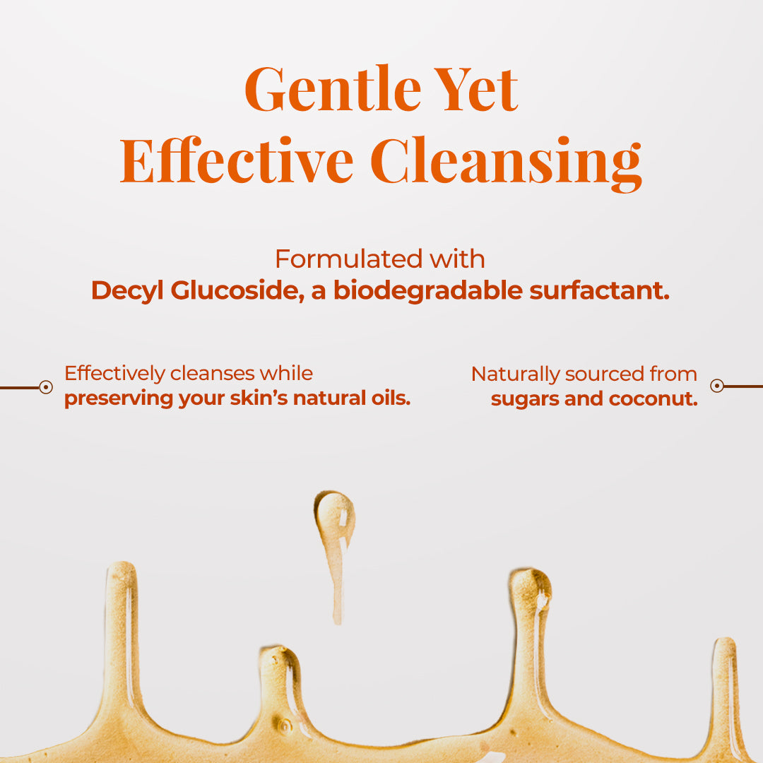 Graphic highlighting the text "Gentle Yet Effective Cleansing" benefits of Decyl Glucoside, a biodegradable surfactant. Subtext states: Formulated with Decyl Glucoside, a biodegradable surfactant. Additional benefits include Effectively cleanses while preserving your skin’s natural oils. and Naturally sourced from sugars and coconut.&