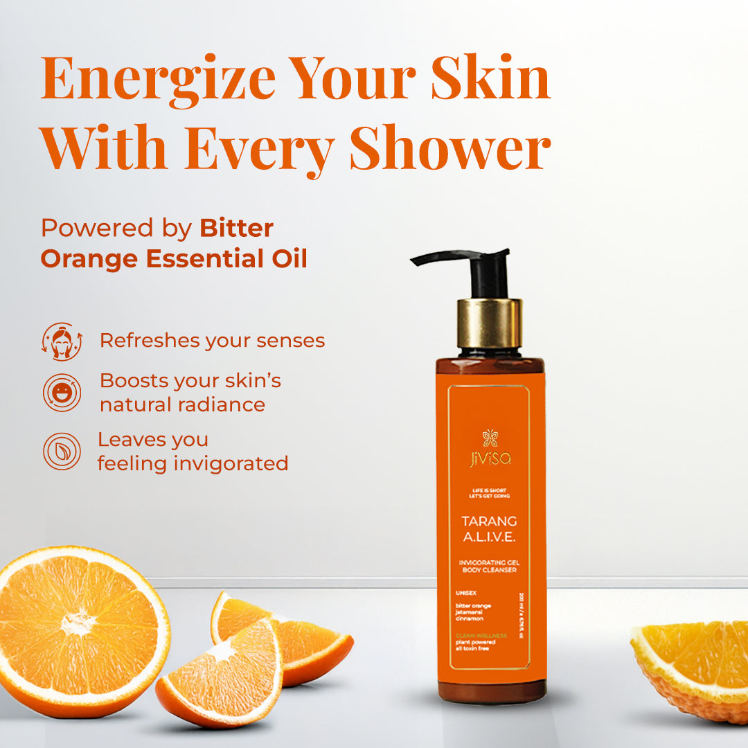 JiViSa Tarang A.L.I.V.E. Body Cleanser bottle with sliced oranges. Text reads: &