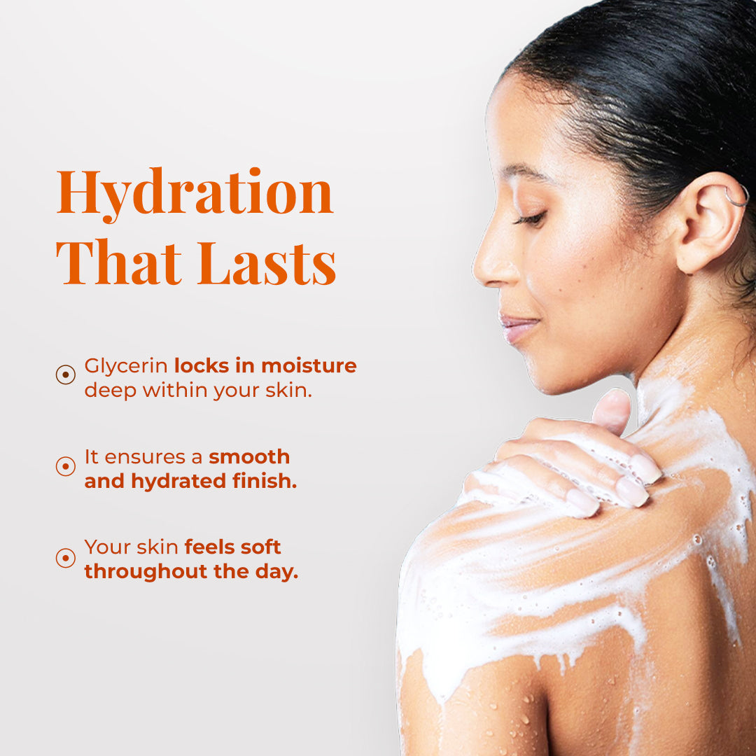 Image of a woman gently applying foamy cleanser to her shoulder. Text reads: &