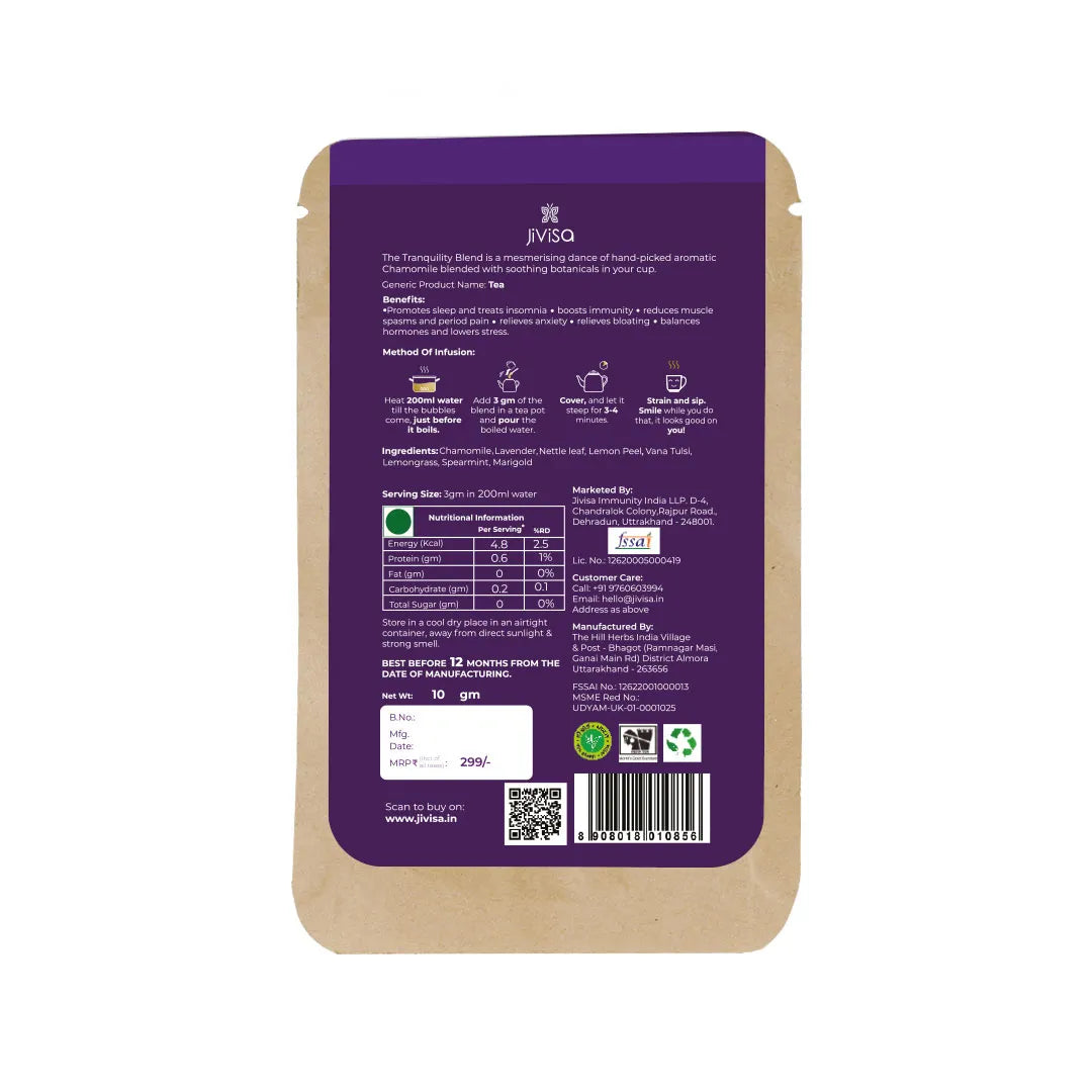 The Tranquility Blend back label, ingredients, nutritional information and brewing method for this stress-relieving herbal tea