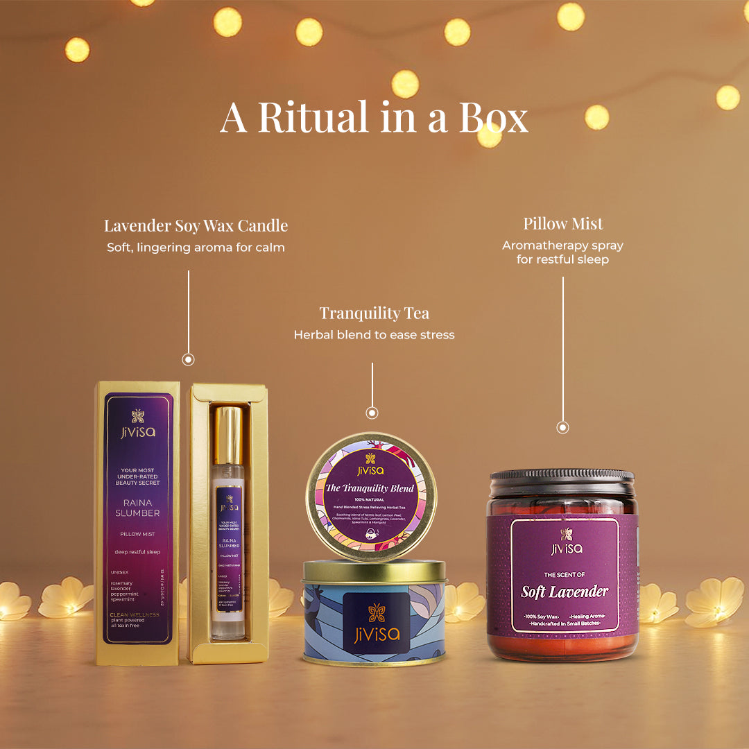 Heading reads: "A Ritual in a Box" lists each product with its specific benefit: JIVISA&