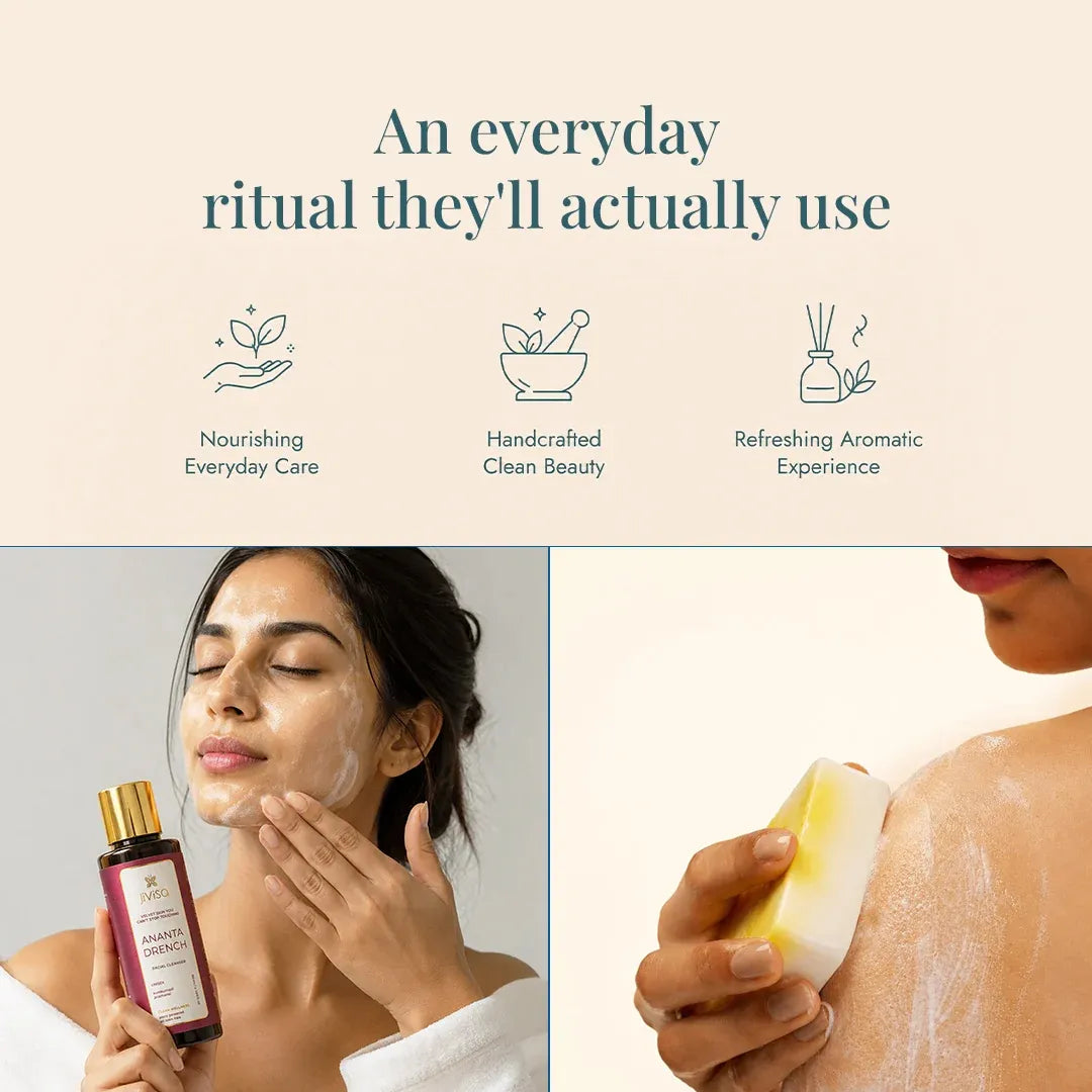 JiViSa Wake Up Ritual Face & Body Gift Box featuring Ananta Drench Facial Cleanser being applied to the face and a handcrafted Ayurvedic soap being used for body cleansing.