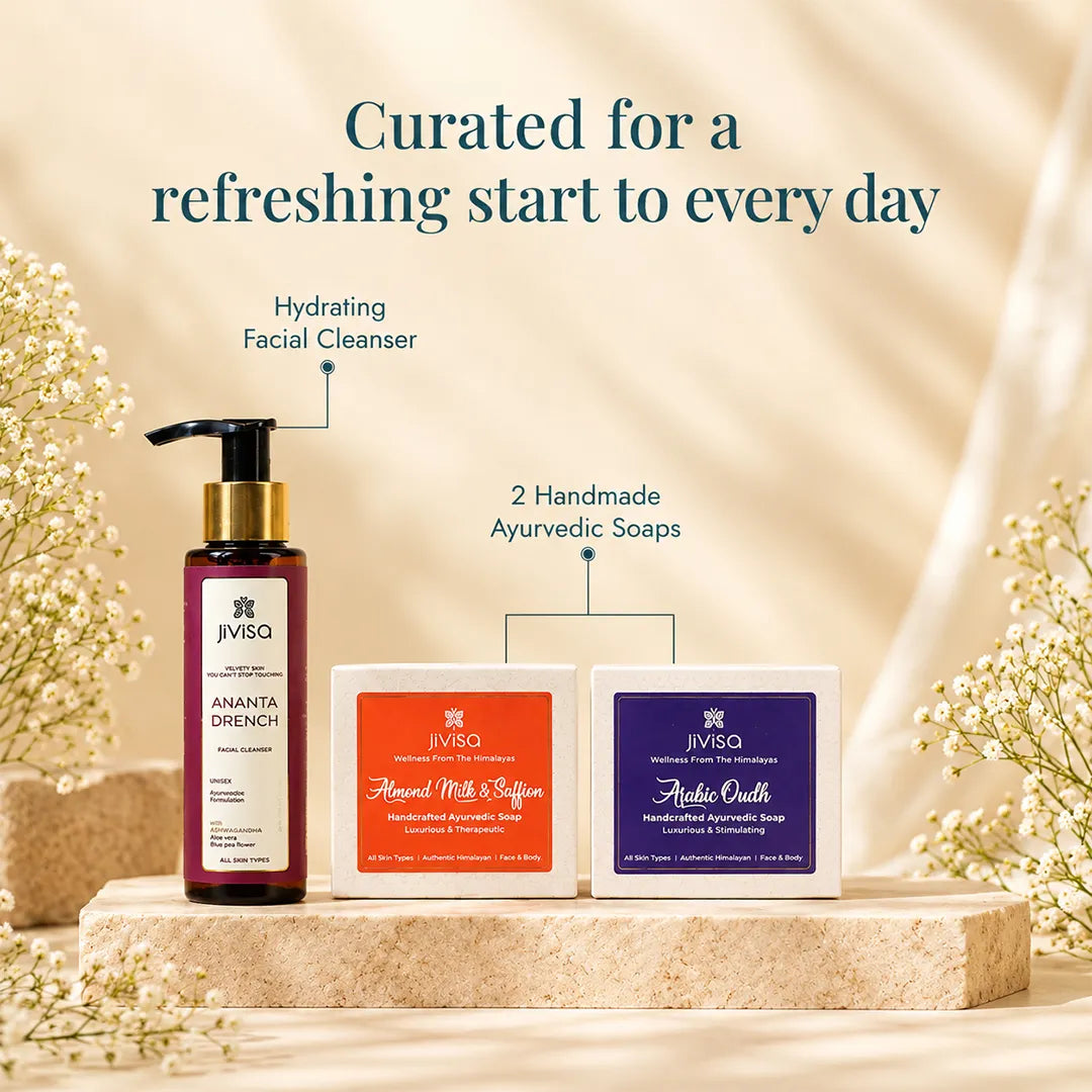 JiViSa Wake Up Ritual Face & Body Gift Box with Ananta Drench Facial Cleanser and two handcrafted Ayurvedic soaps displayed against a natural floral background.