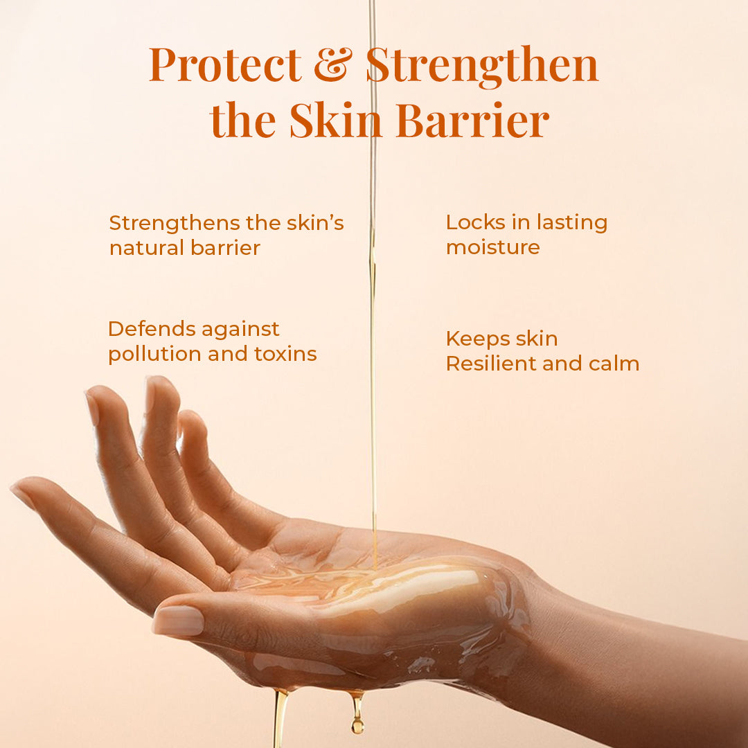 Oil being poured into an open hand with text about protecting and strengthening the skin barrier.