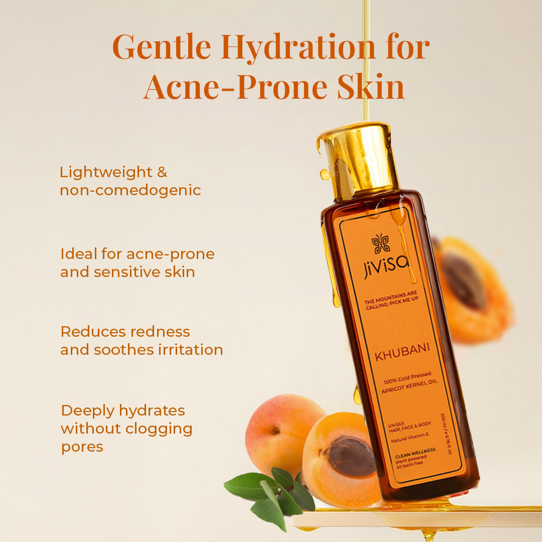 JiViSa Khubani Apricot Kernel Oil bottle with apricots and text about gentle hydration for acne-prone skin.