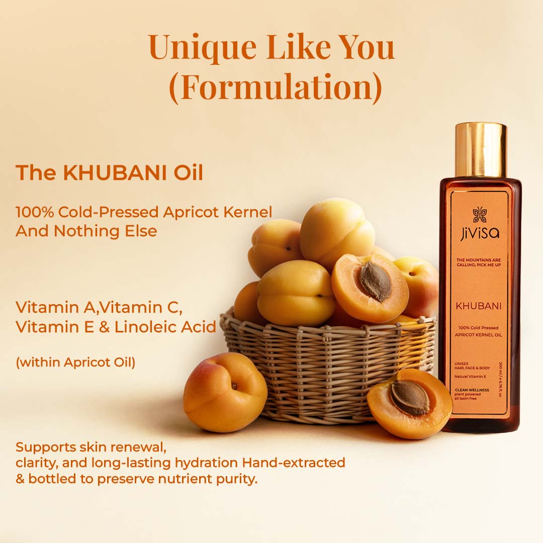 JiViSa Khubani Apricot Kernel Oil bottle beside basket of apricots with text about formulation and ingredients.