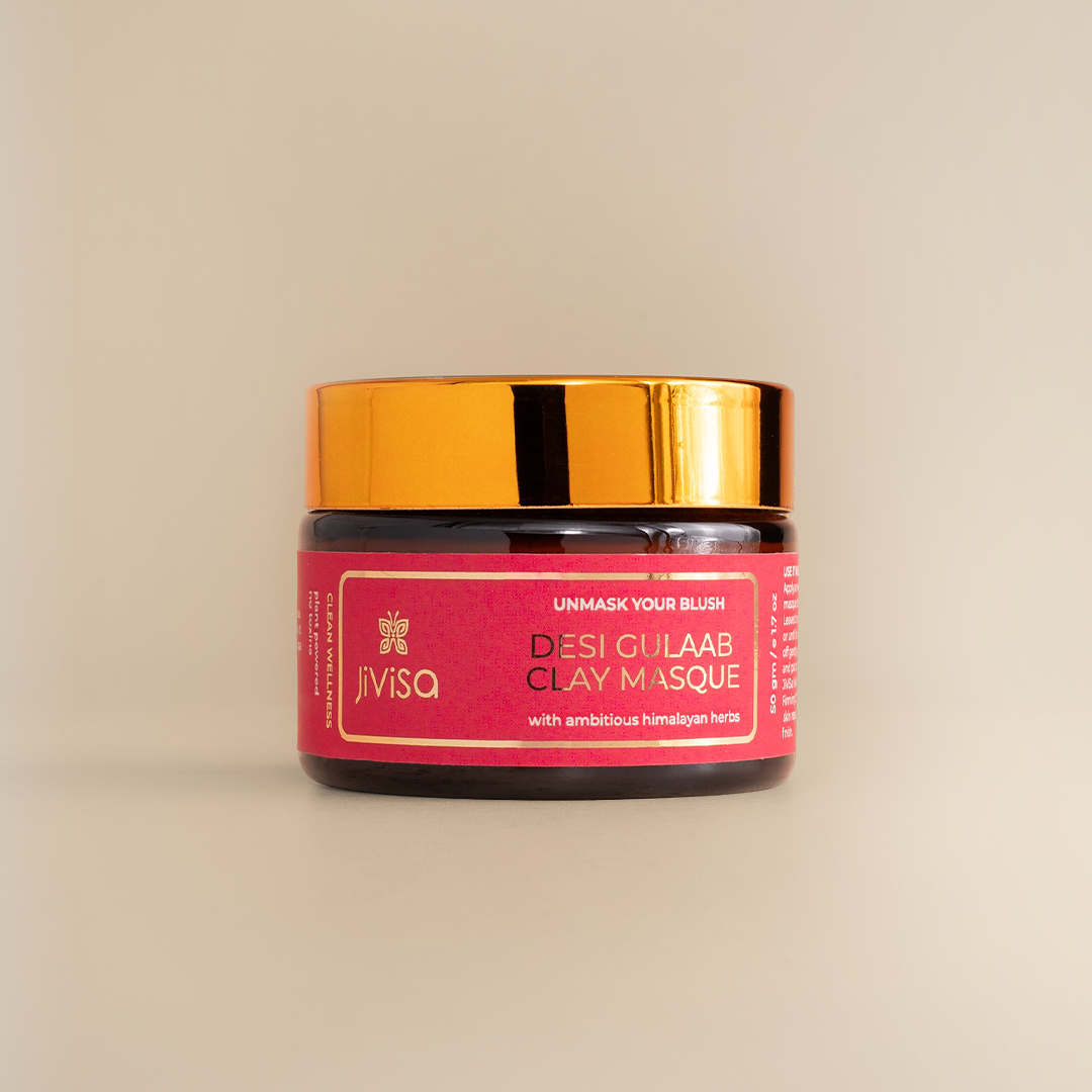 JiViSa Desi Gulaab Clay Masque jar with gold lid and label Unmask Your Blush on beige background.
