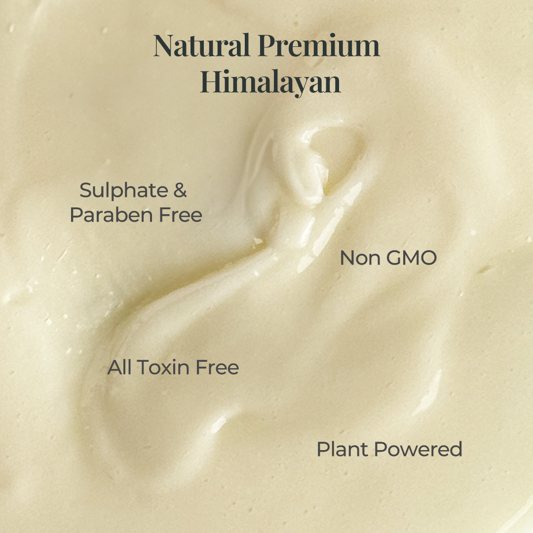 Close-up of JiViSa Aranya Lustre Hair Conditioner cream texture with tagline reads: Natural Premium Himalayan followed by the text describe it as Sulphate & Paraben Free, Non-GMO, All Toxin Free, Plant Powered.