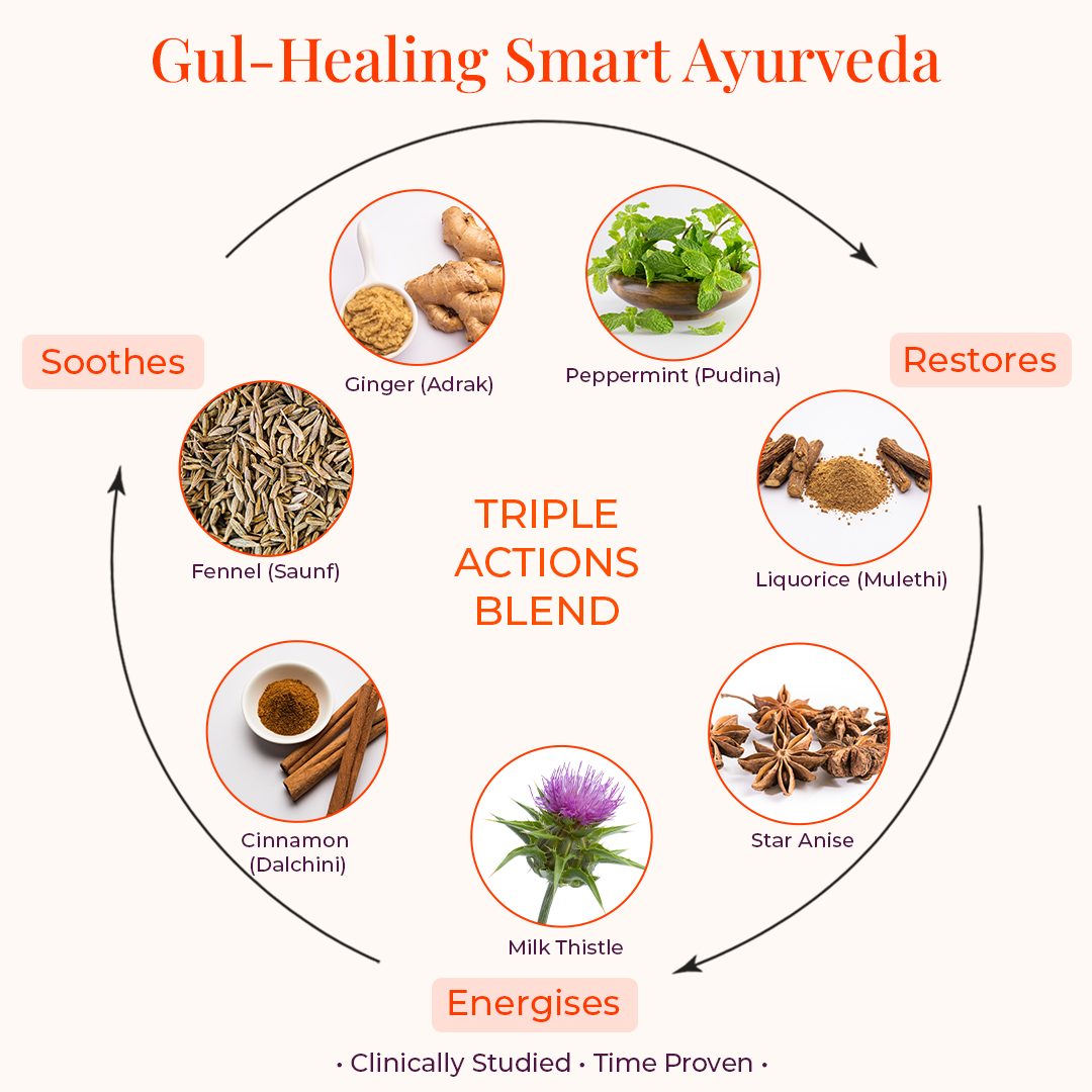 Seven Ayurvedic digestive herb blend ingredients ginger, peppermint, fennel, cinnamon, licorice, star anise and milk thistle for gut health.