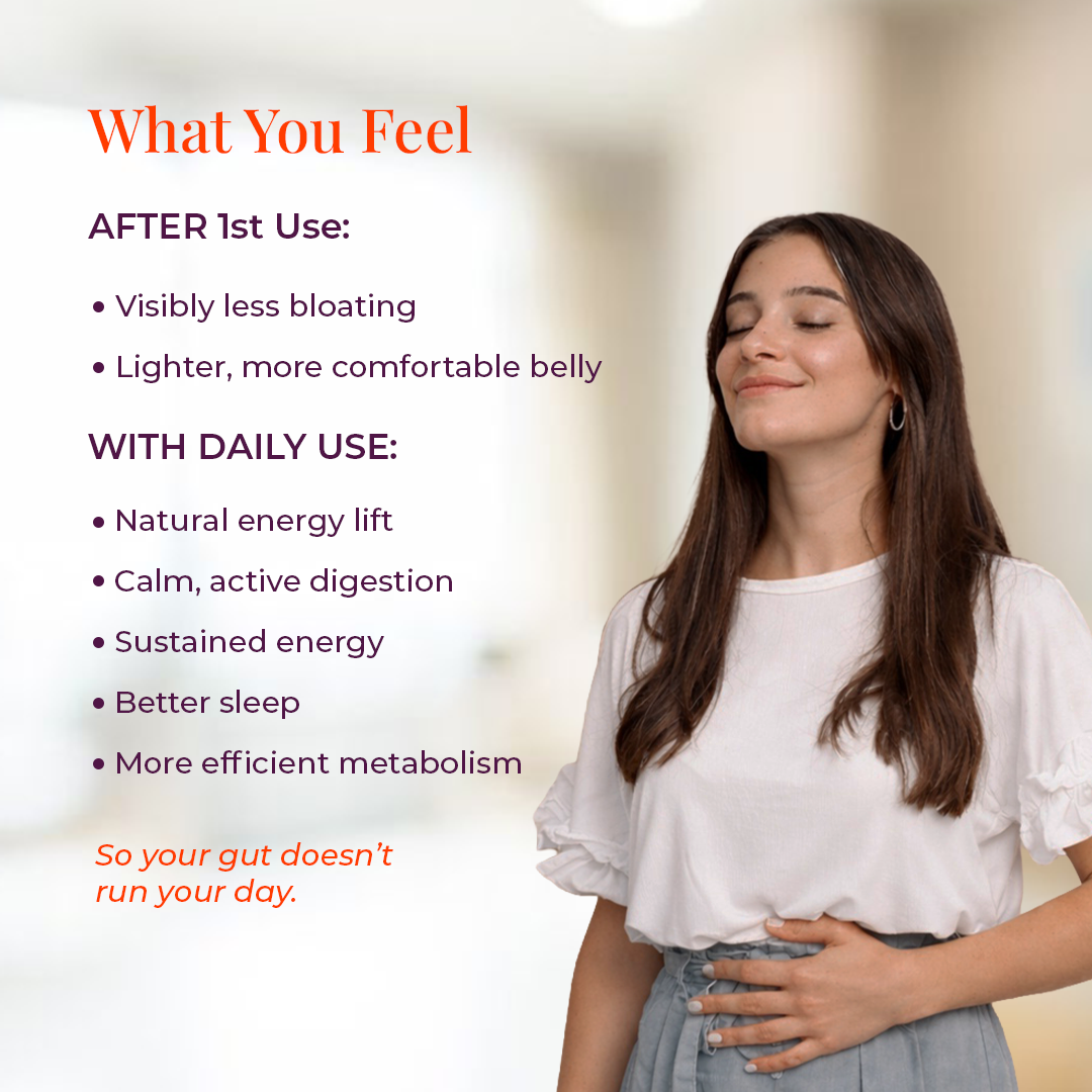 Benefits of JiViSa Mountain Blend showing reduced bloating. improved digestion, energy metabolism and better sleep with daily use