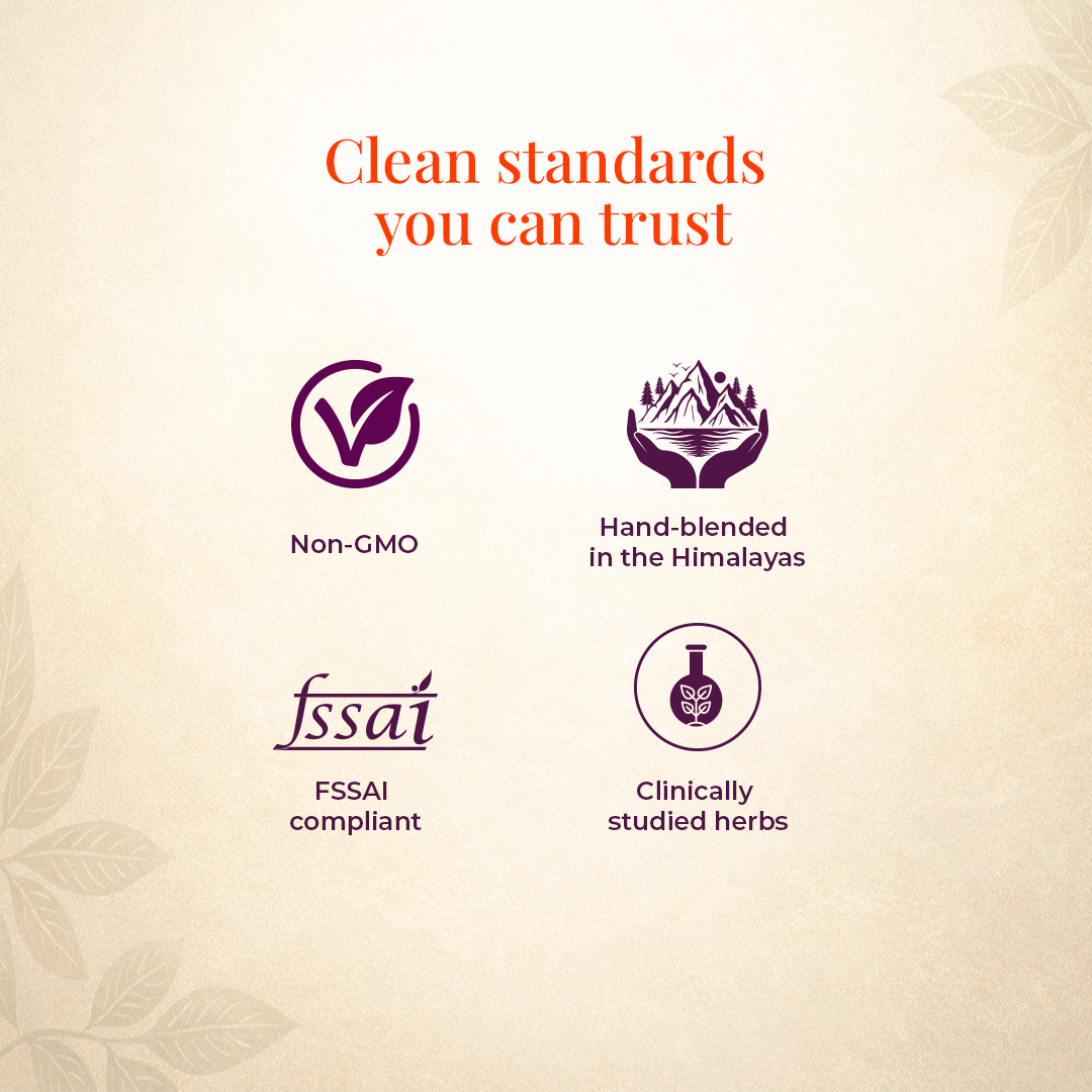 JiViSa herbal tea clean standards including non-GMO herbs, Himalayan hand blended formula, FSSAI compliant and clinically studied herbs.
