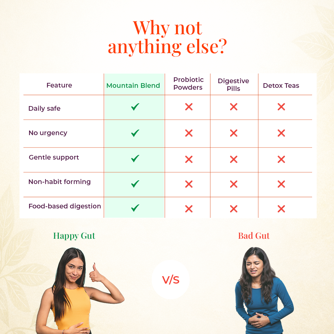Chart showing how JiViSa Mountain Blend better than probiotic powders, digestive pills and detox teas for daily gut support.